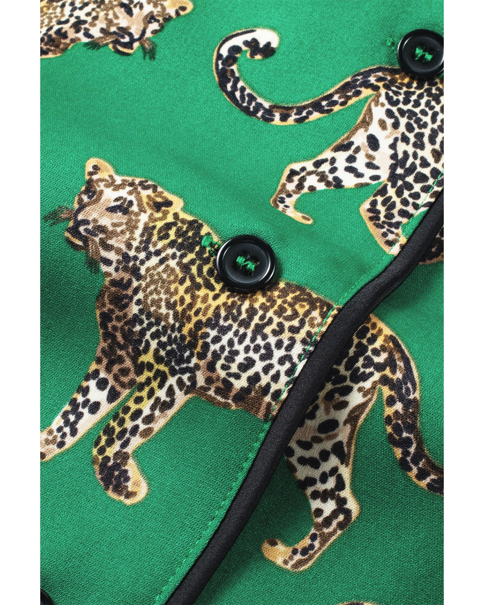 Green Cheetah Print Short Sleeve Shirt and Pants Pajama Set - L 8