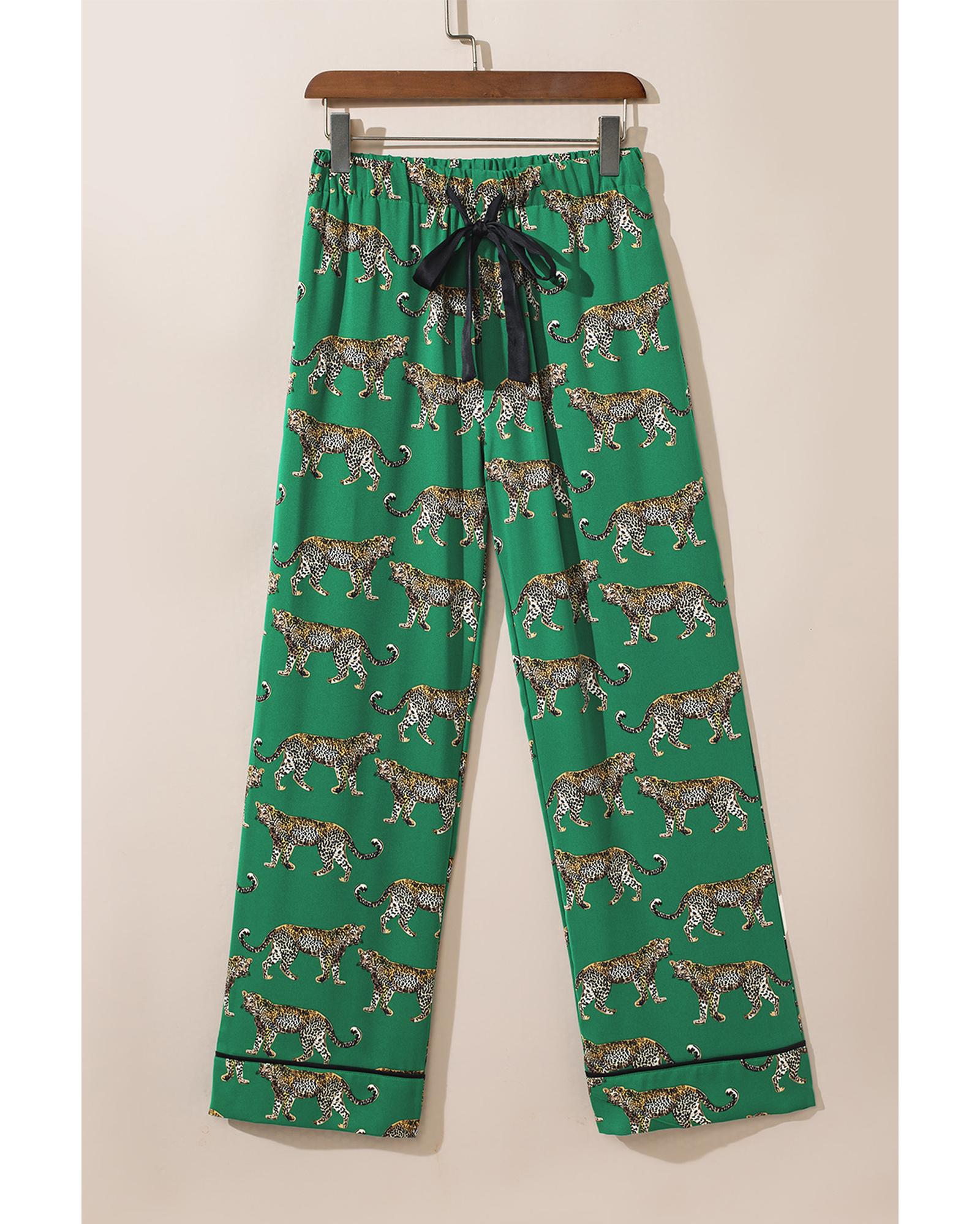 Green Cheetah Print Short Sleeve Shirt and Pants Pajama Set - M