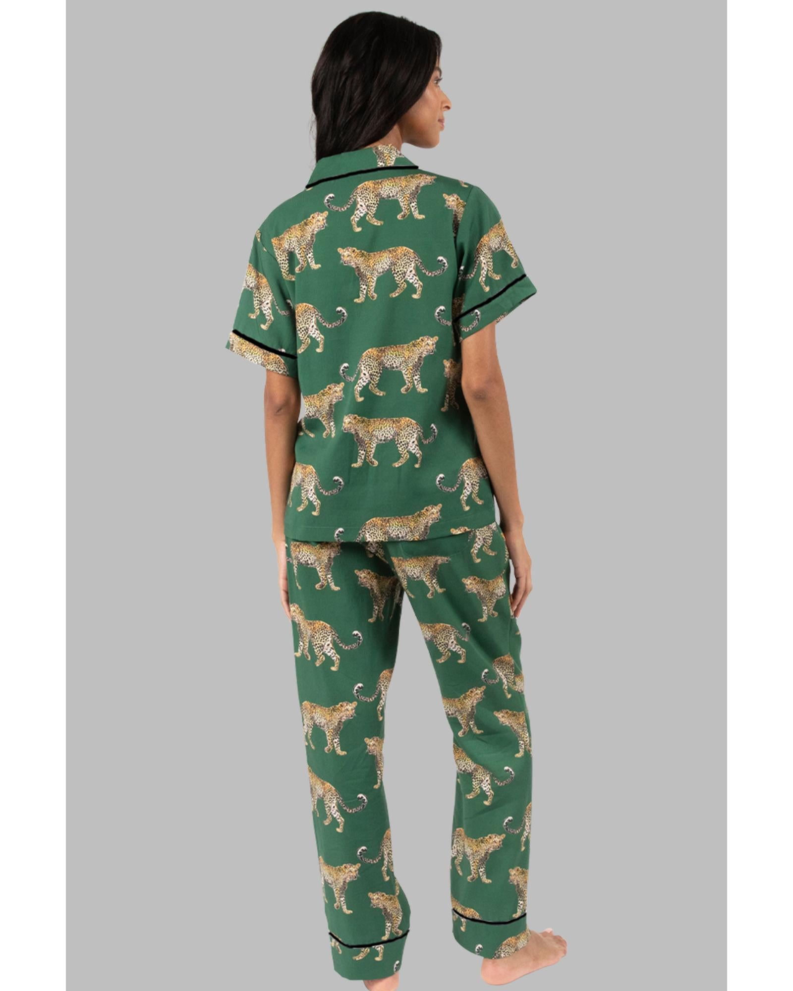 Green Cheetah Print Short Sleeve Shirt and Pants Pajama Set - S