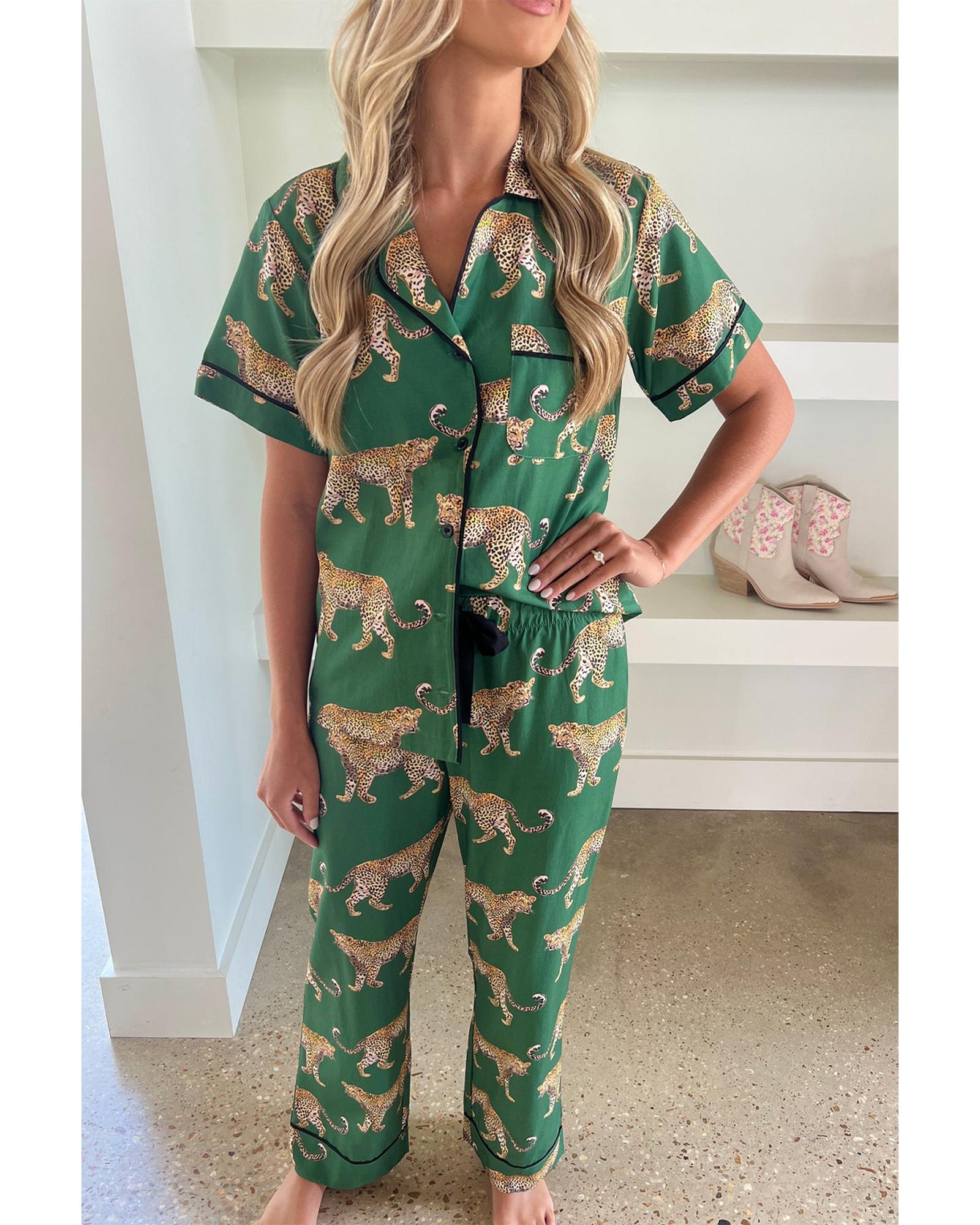 Green Cheetah Print Short Sleeve Shirt and Pants Pajama Set - XL 7