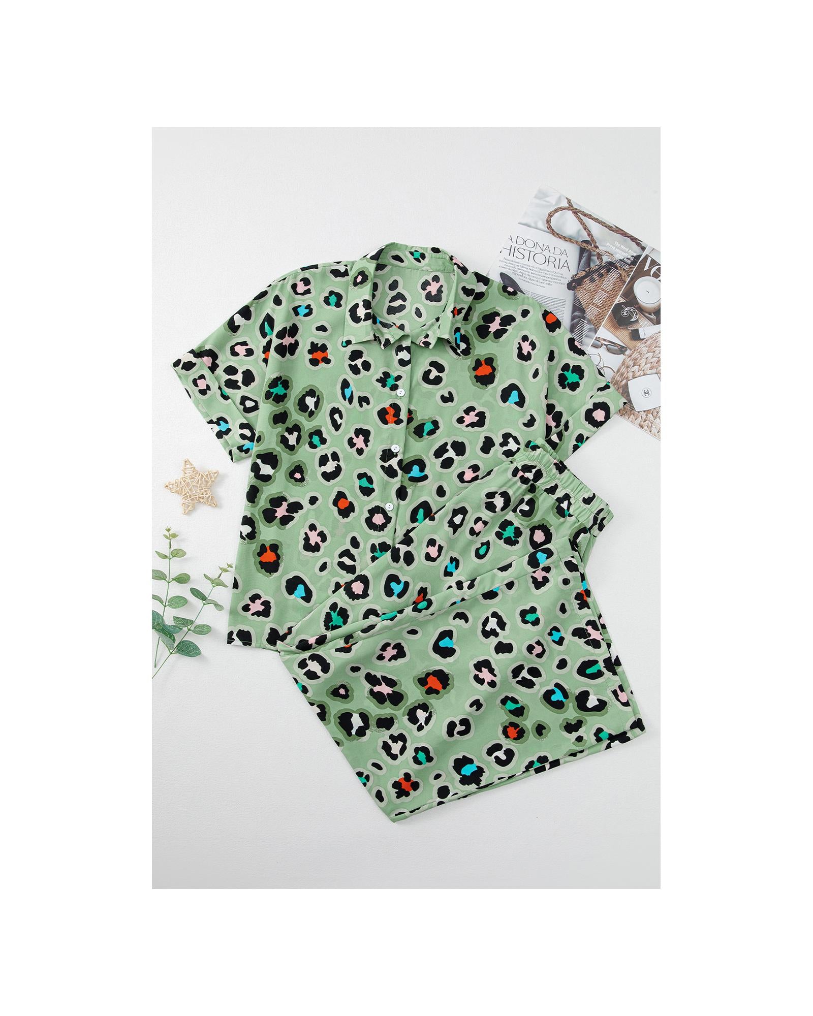 Green Leopard Print Short Sleeve Shirt and Wide Leg Pants Set - L 4
