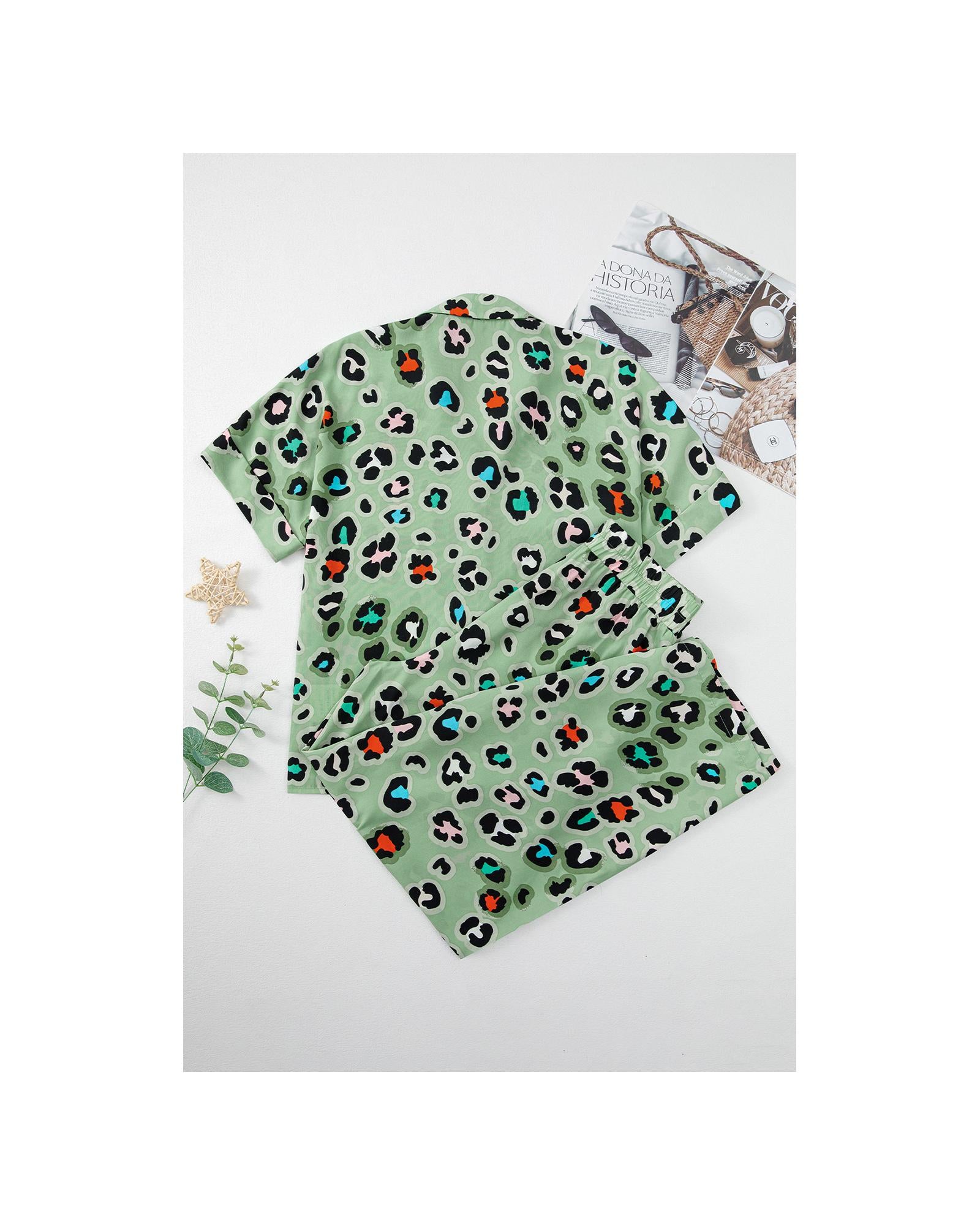 Green Leopard Print Short Sleeve Shirt and Wide Leg Pants Set - L 5