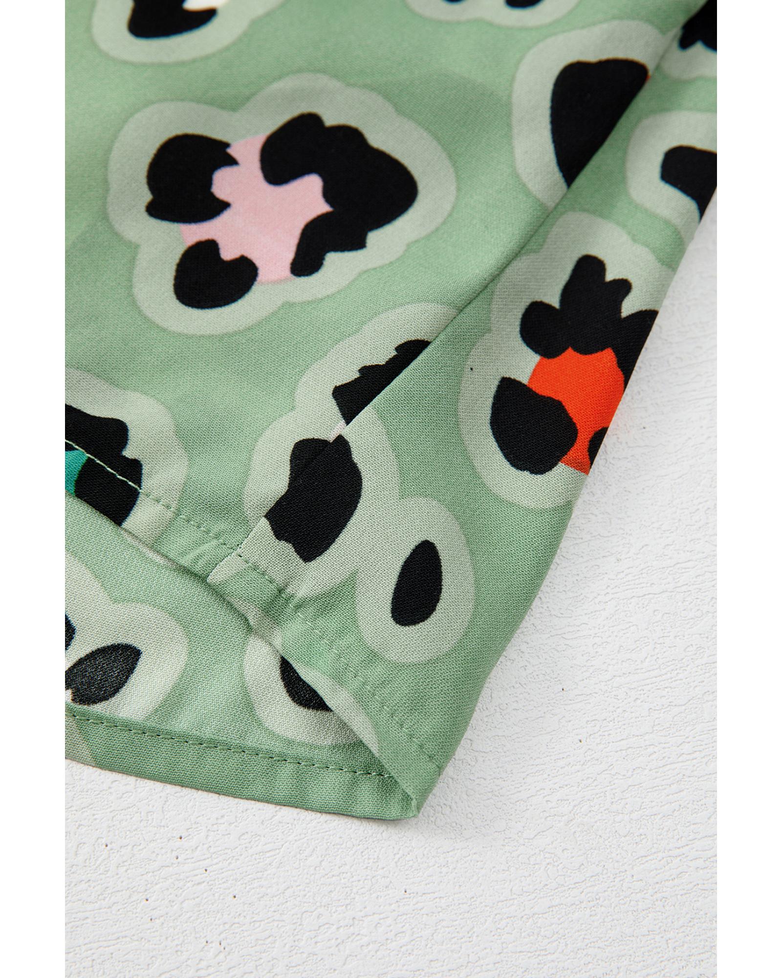 Green Leopard Print Short Sleeve Shirt and Wide Leg Pants Set - L 8