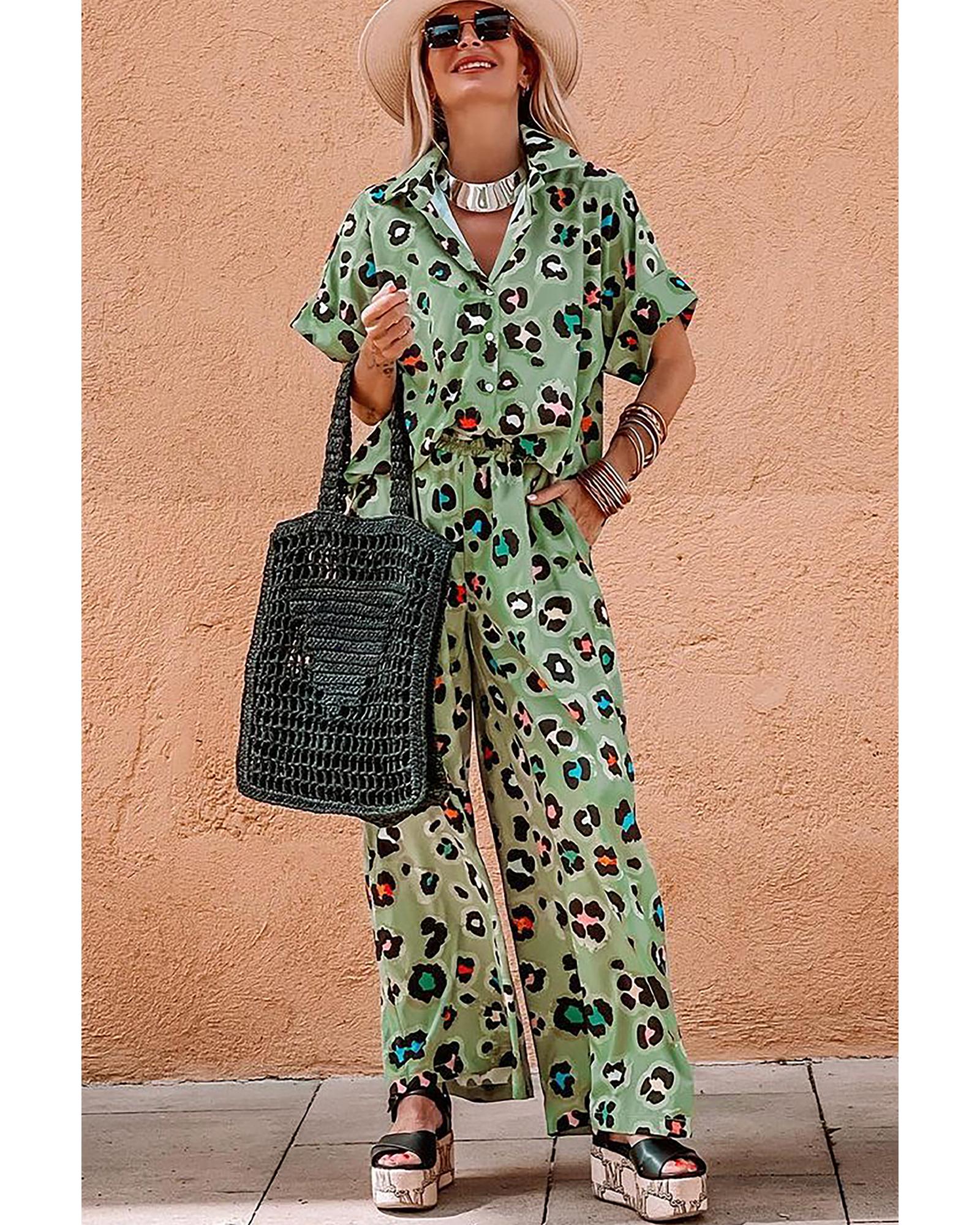 Green Leopard Print Short Sleeve Shirt and Wide Leg Pants Set - M