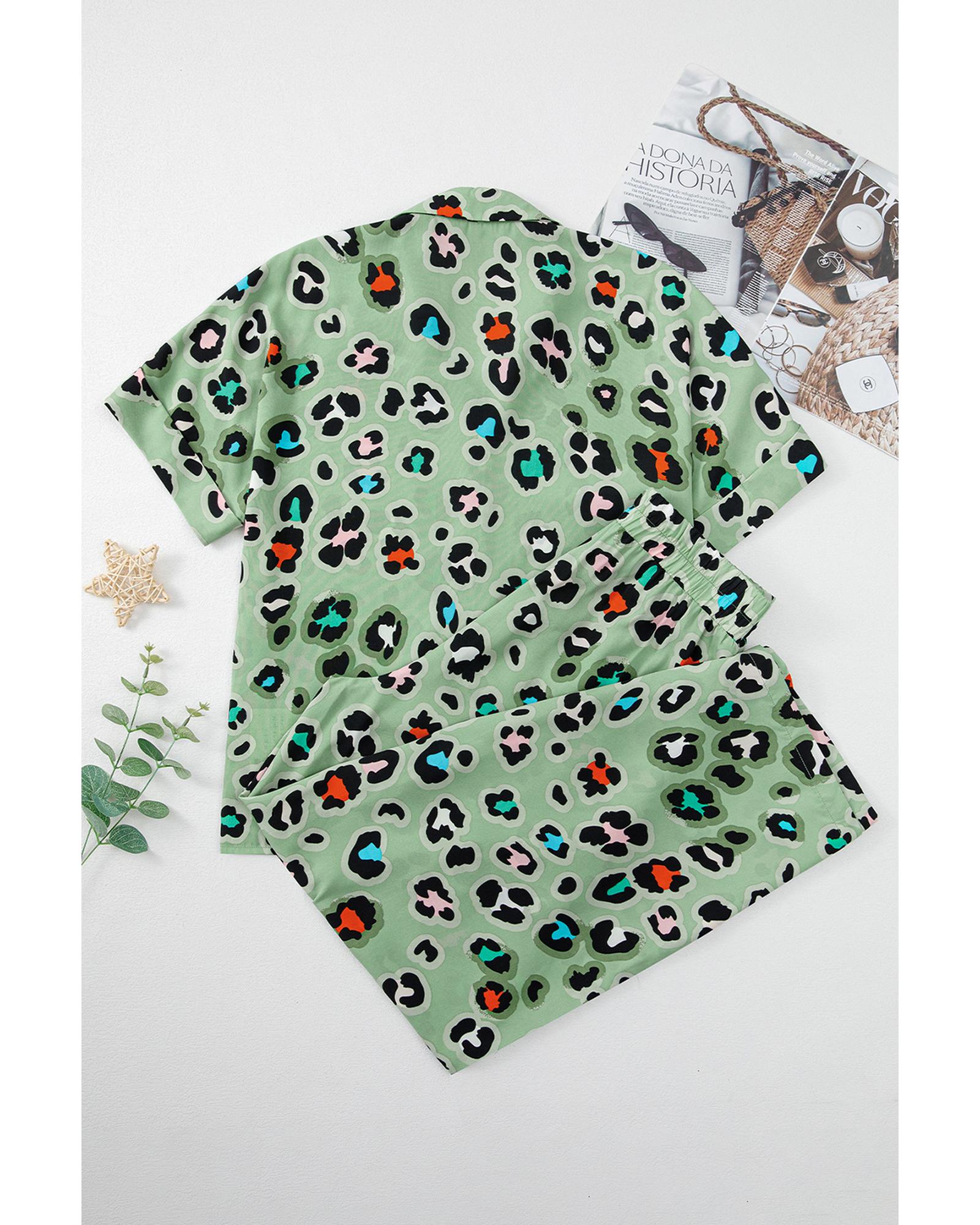 Green Leopard Print Short Sleeve Shirt and Wide Leg Pants Set - M 5