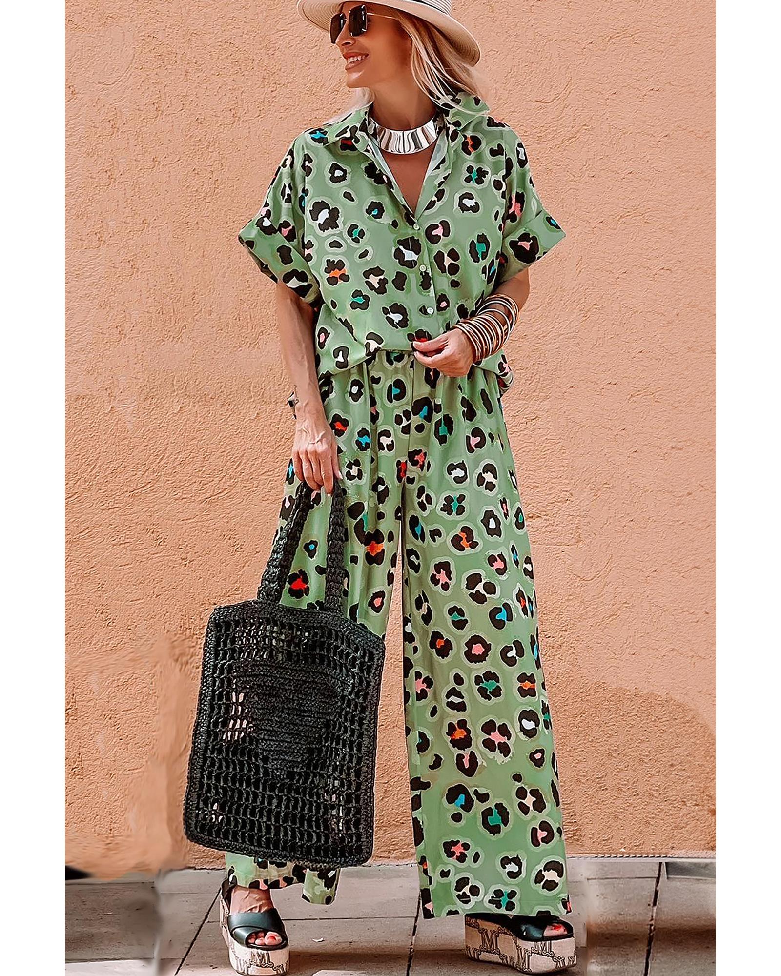 Green Leopard Print Short Sleeve Shirt and Wide Leg Pants Set - XL 3