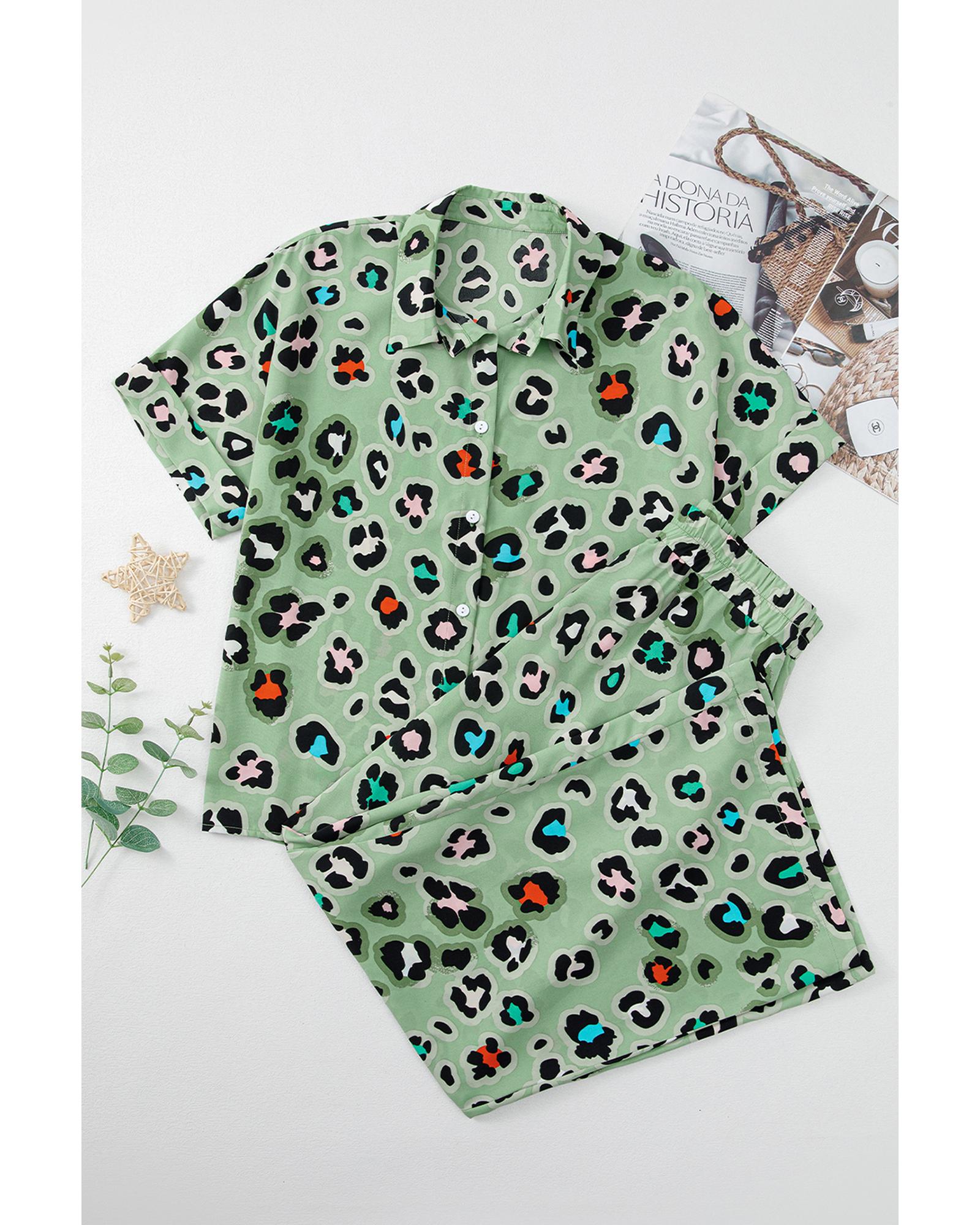 Green Leopard Print Short Sleeve Shirt and Wide Leg Pants Set - XL 4
