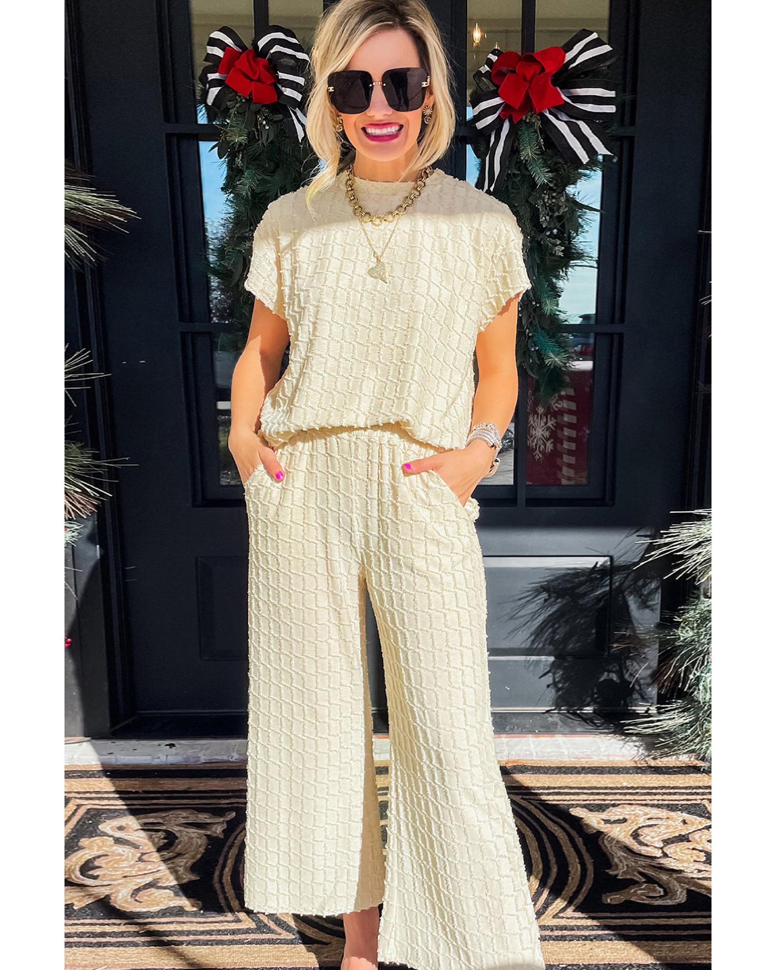Apricot Metallic Lattice Textured Casual Two Piece Set - M