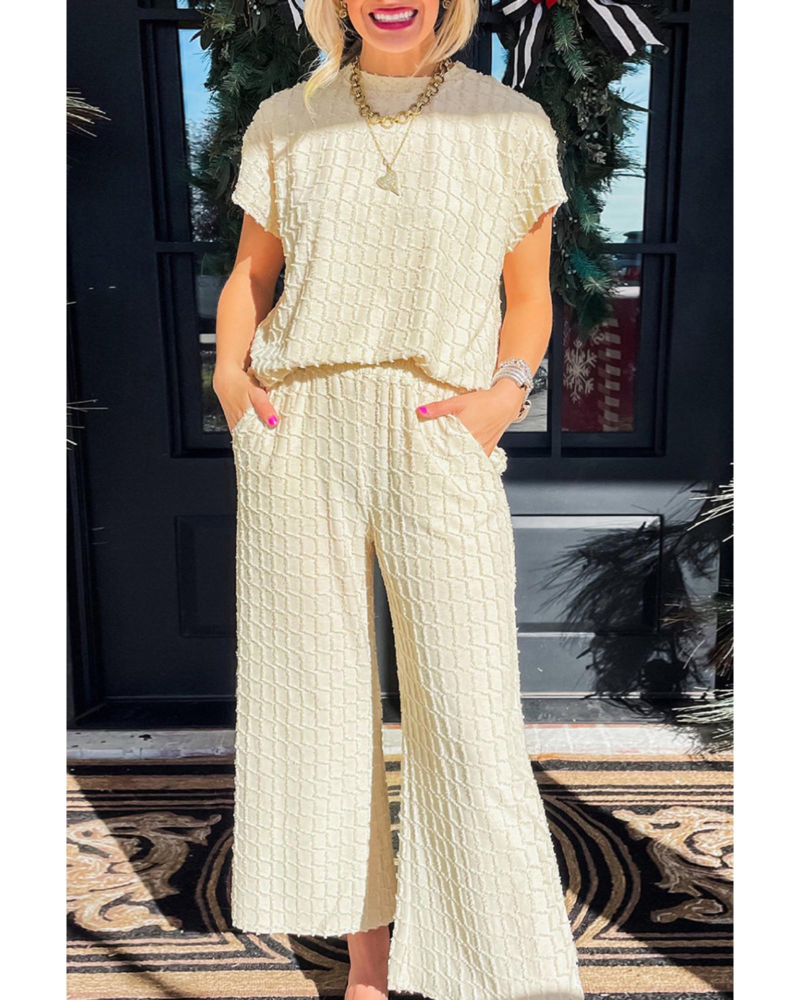 Apricot Metallic Lattice Textured Casual Two Piece Set - S 3