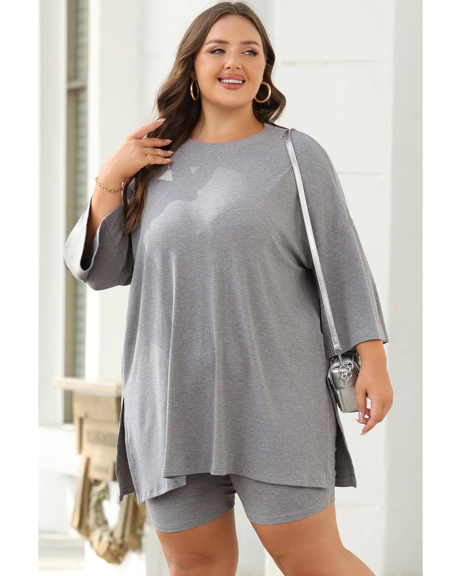 Light Grey Solid Color Loose Tunic Top and Slim Shorts Set - 2XL 5
