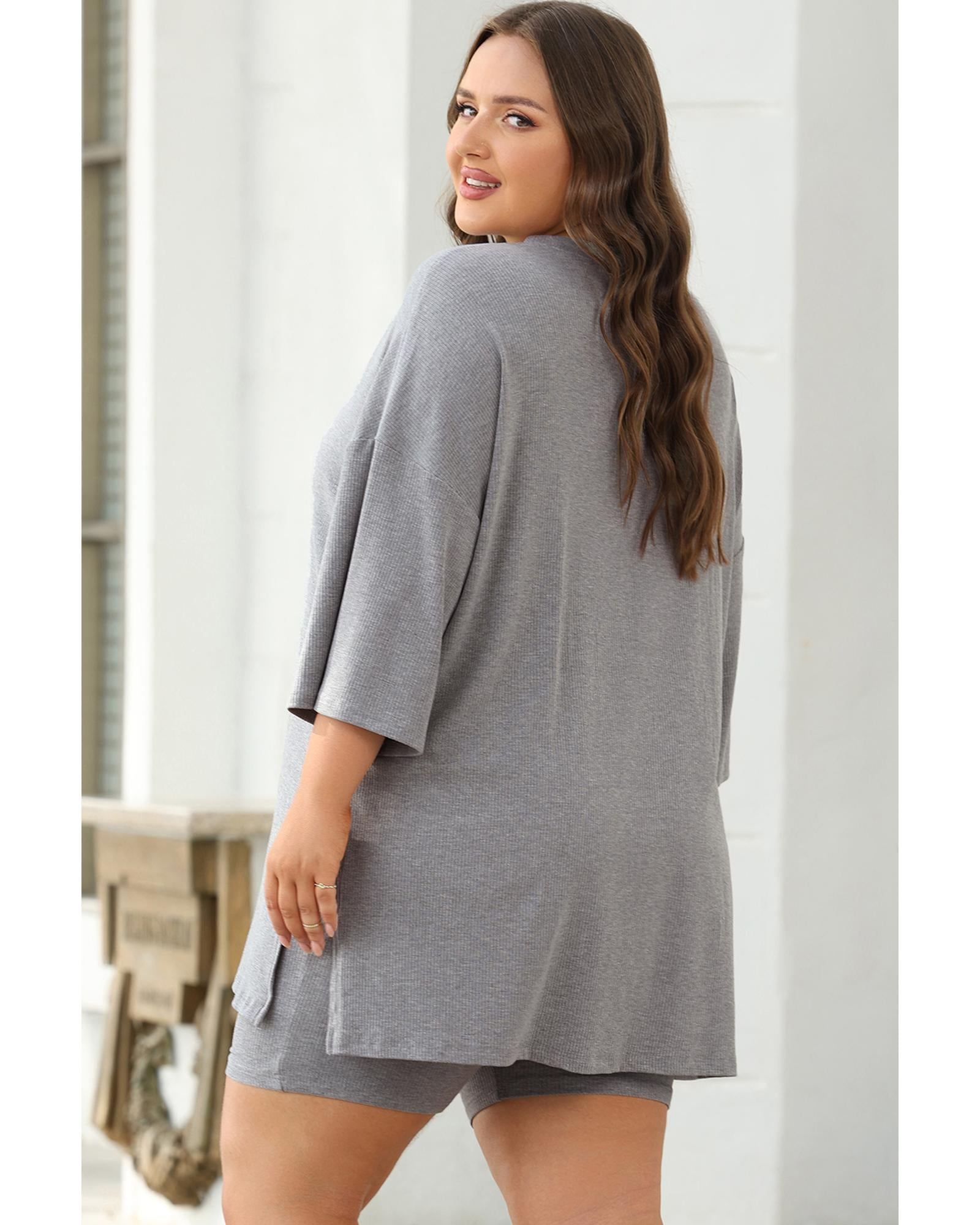Light Grey Solid Color Loose Tunic Top and Slim Shorts Set - L 4