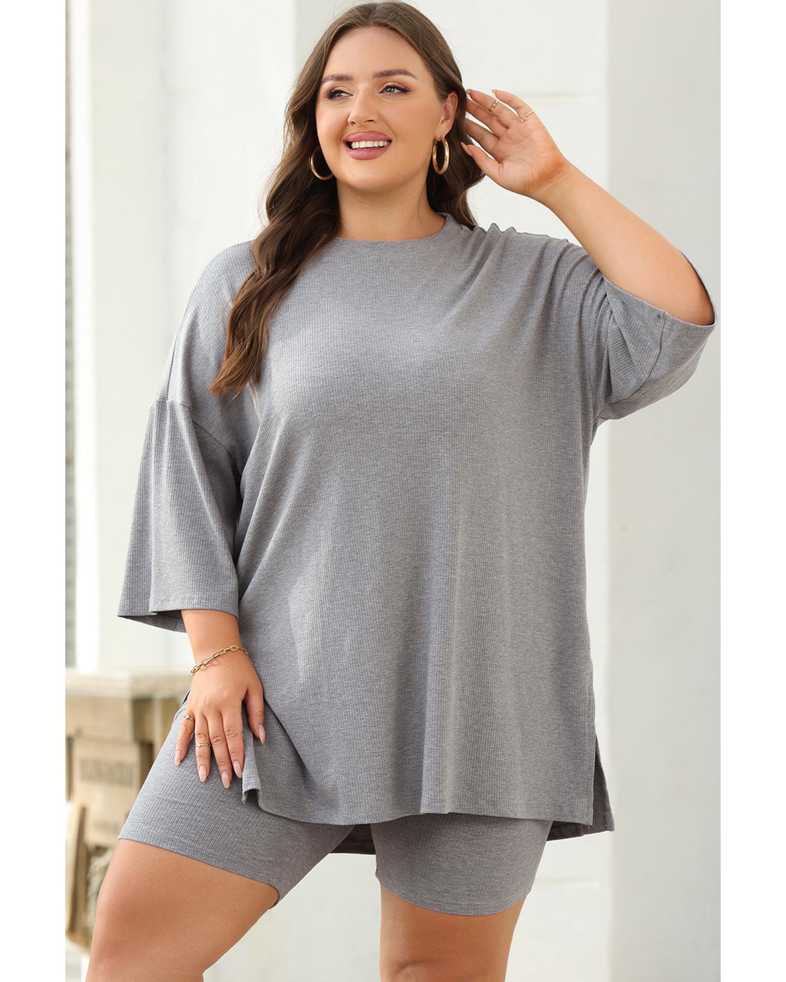 Light Grey Solid Color Loose Tunic Top and Slim Shorts Set - L 7