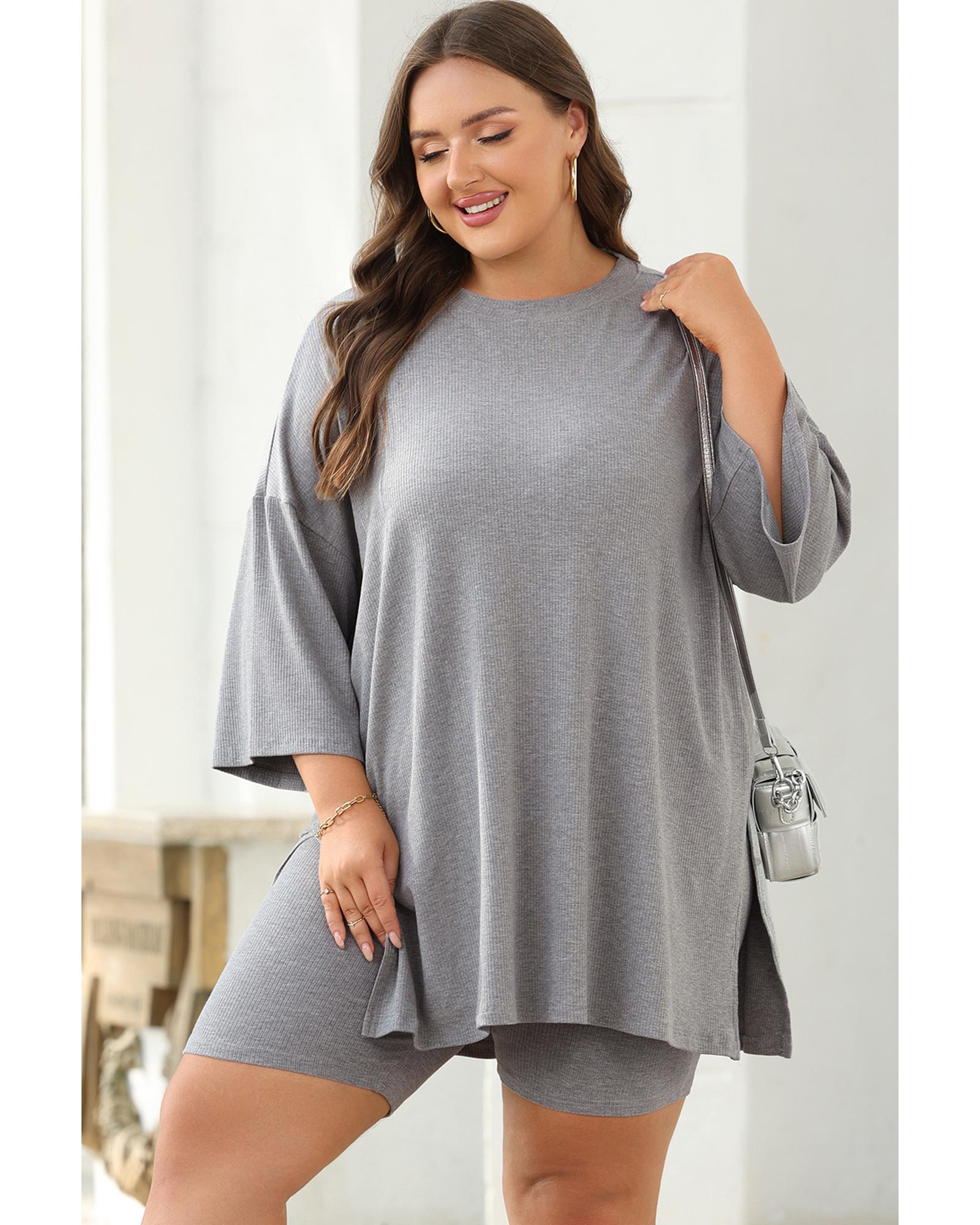 Light Grey Solid Color Loose Tunic Top and Slim Shorts Set - M 3