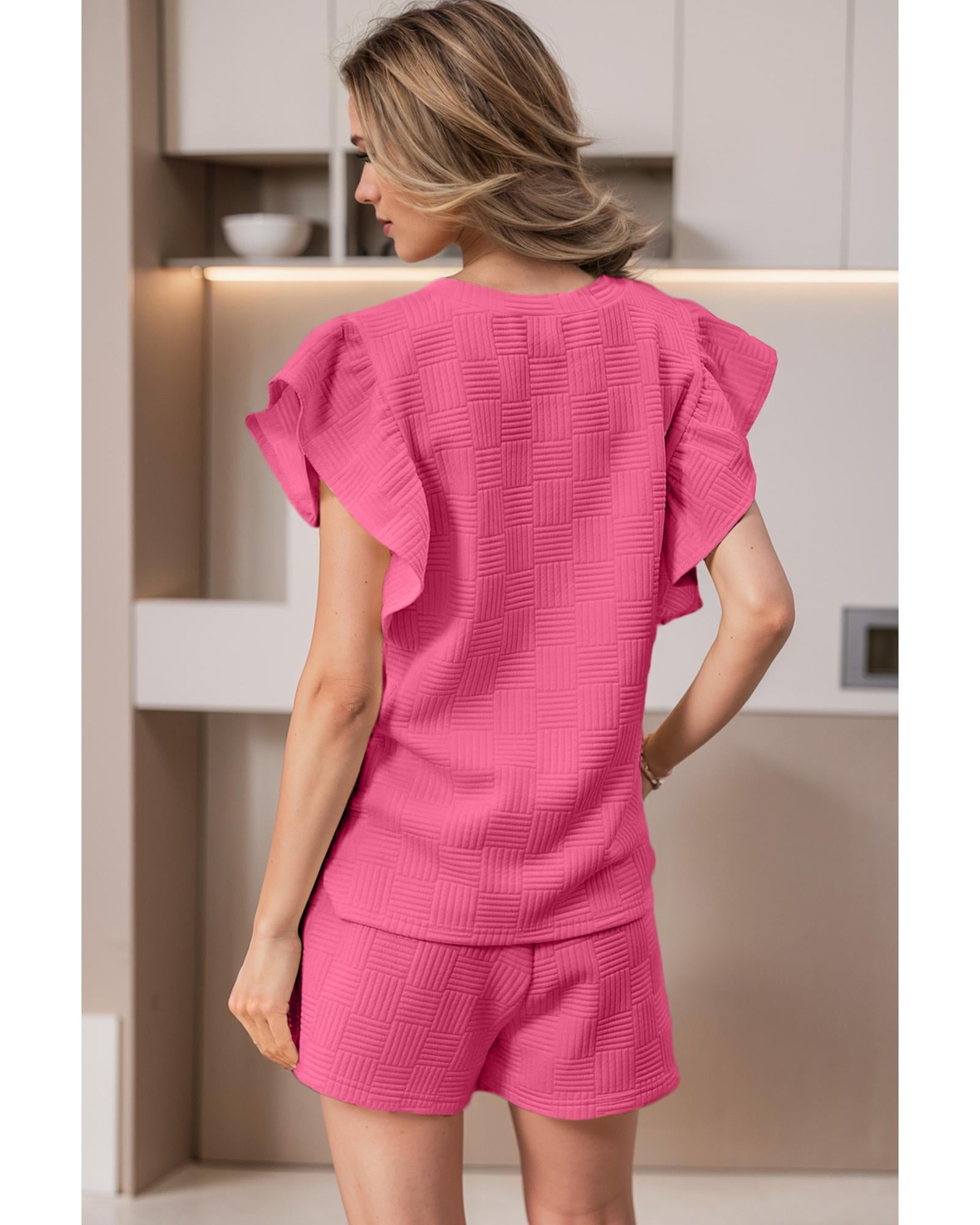 Bonbon Textured Ruffled Sleeve Tee and Drawstring Shorts Set - L