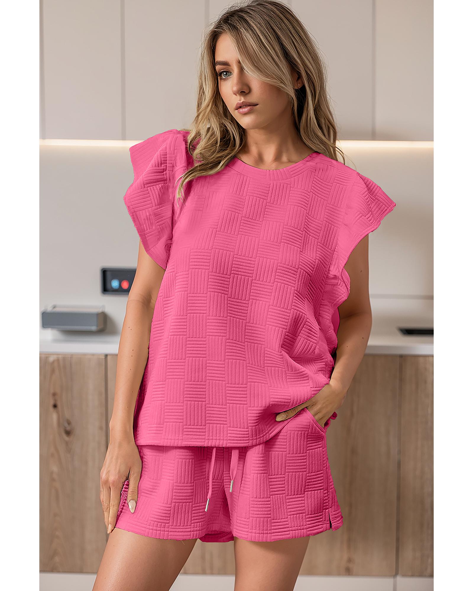 Bonbon Textured Ruffled Sleeve Tee and Drawstring Shorts Set - M