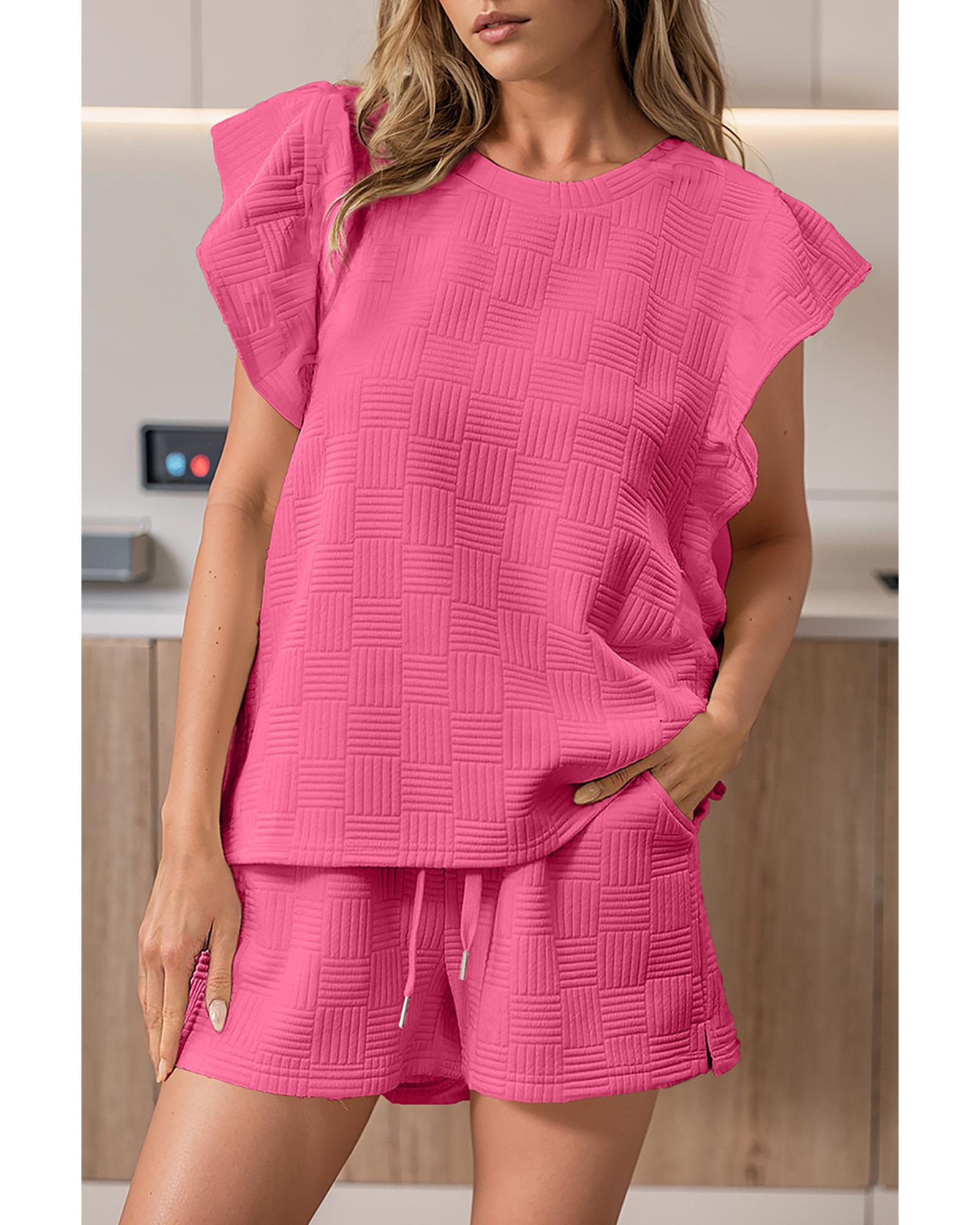Bonbon Textured Ruffled Sleeve Tee and Drawstring Shorts Set - M 3