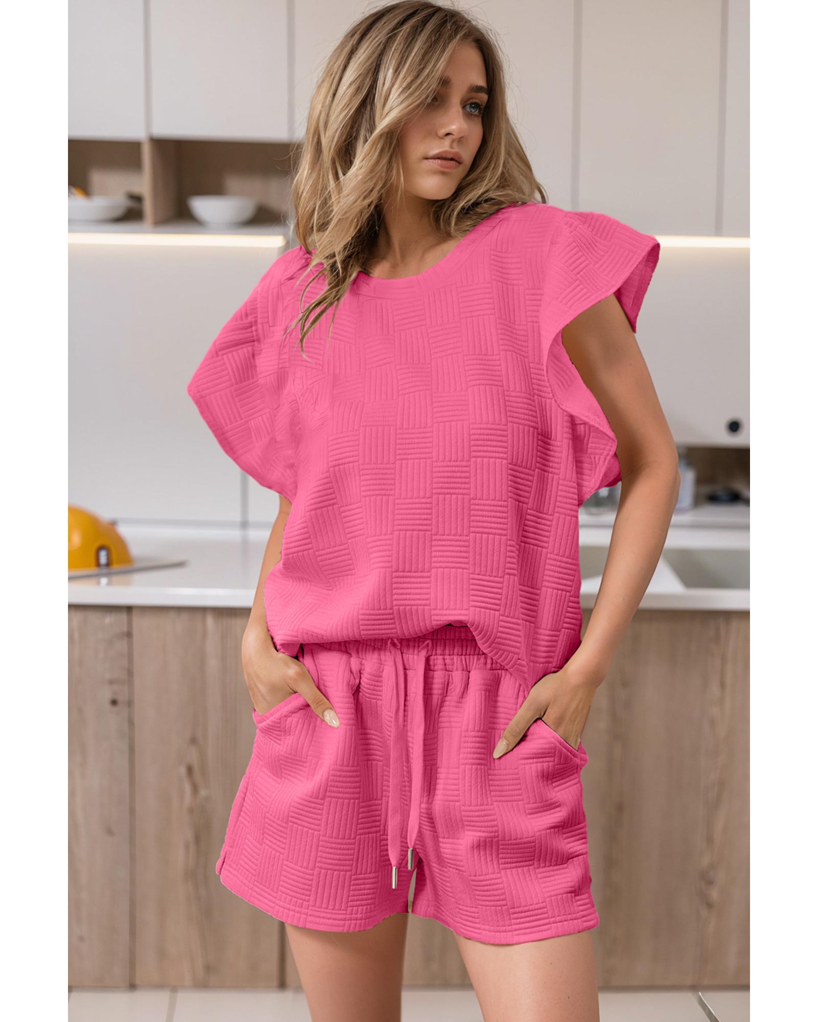 Bonbon Textured Ruffled Sleeve Tee and Drawstring Shorts Set - M 4