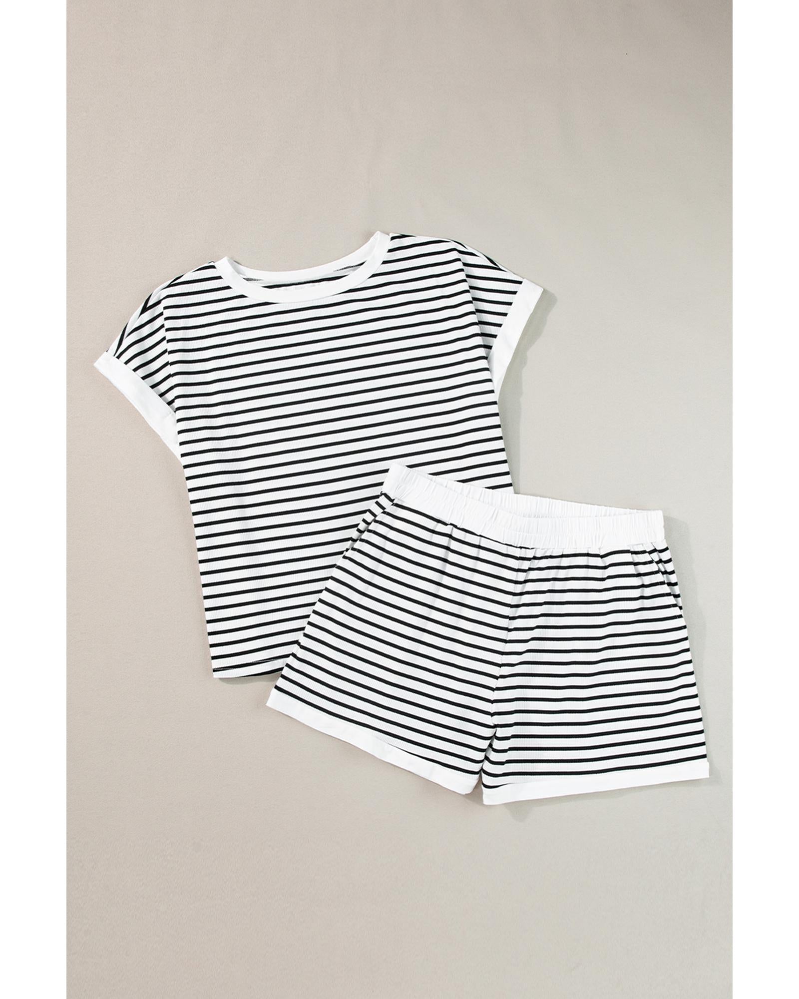 White Stripe Contrast Edge Tee and Shorts Set - L 5