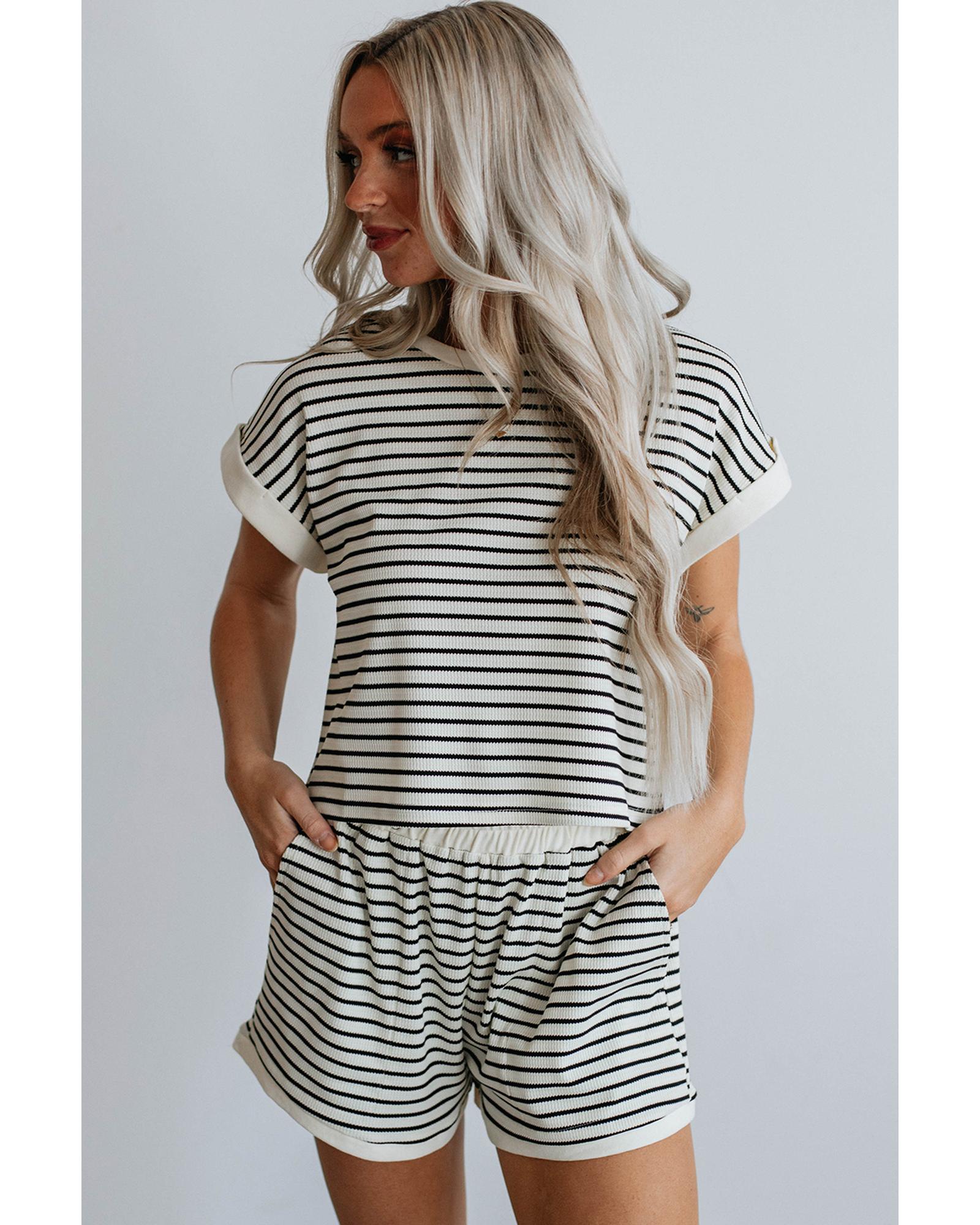 White Stripe Contrast Edge Tee and Shorts Set - L 6