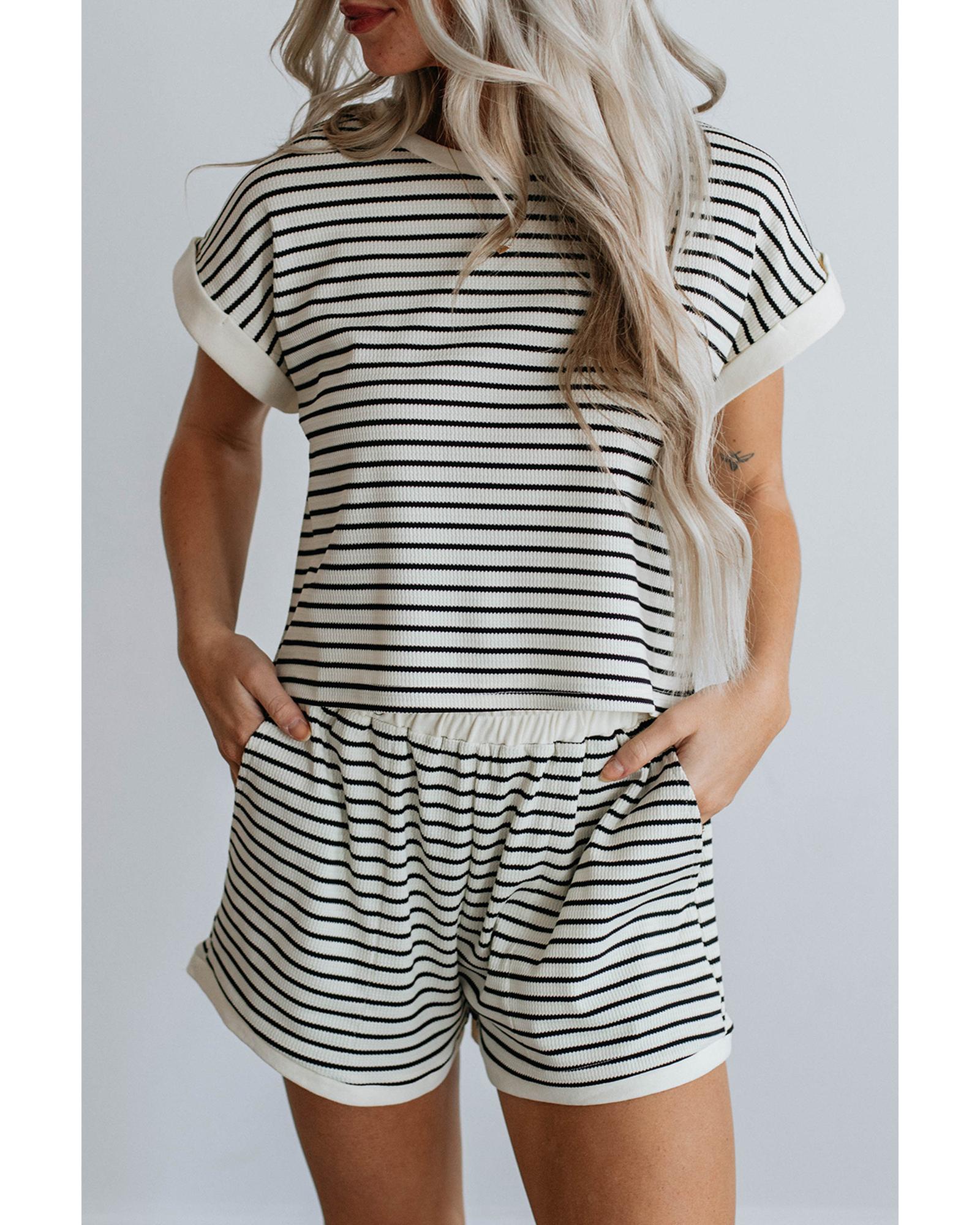 White Stripe Contrast Edge Tee and Shorts Set - XL