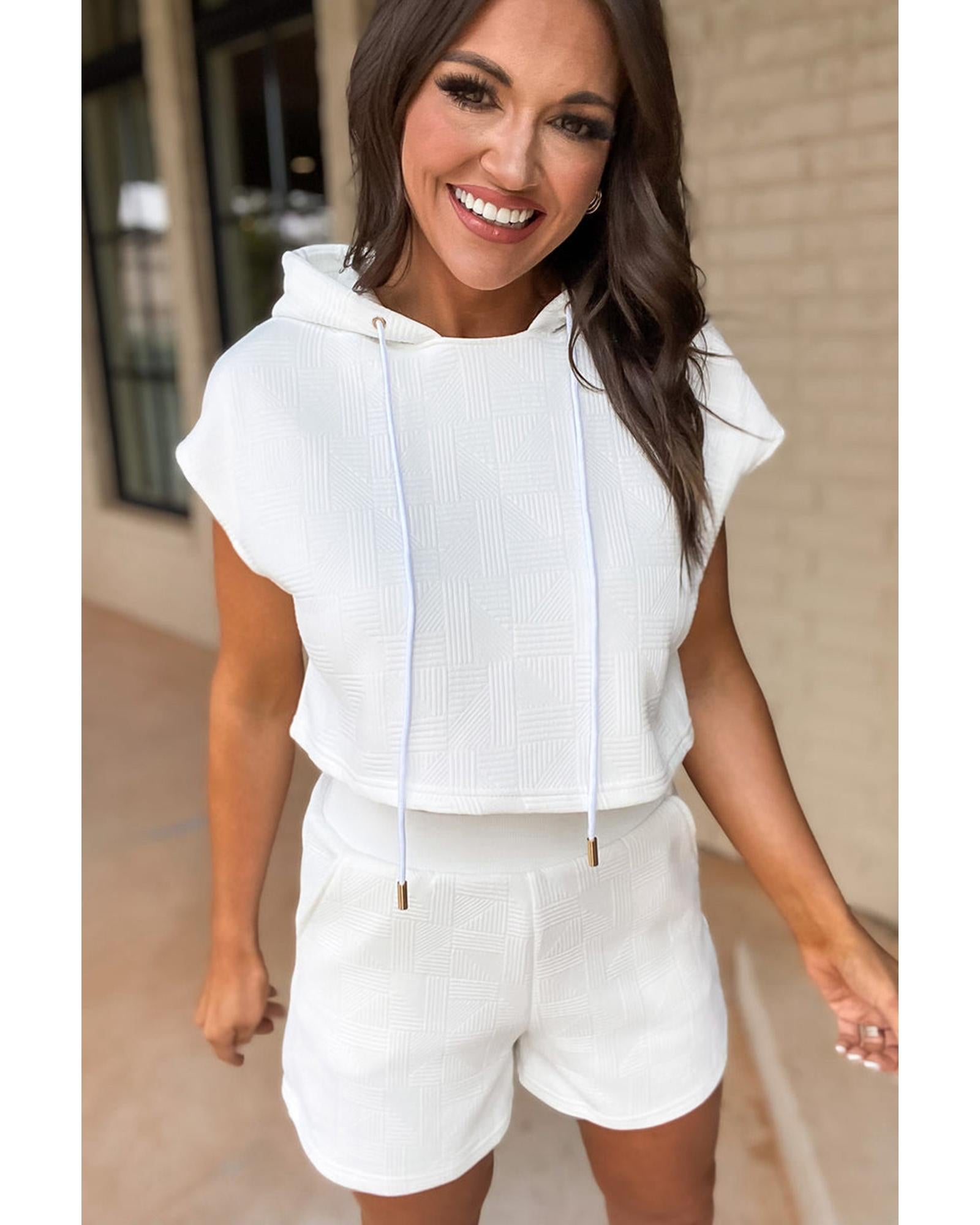 White Textured Cropped Hoodie and Shorts Set - 2XL 4