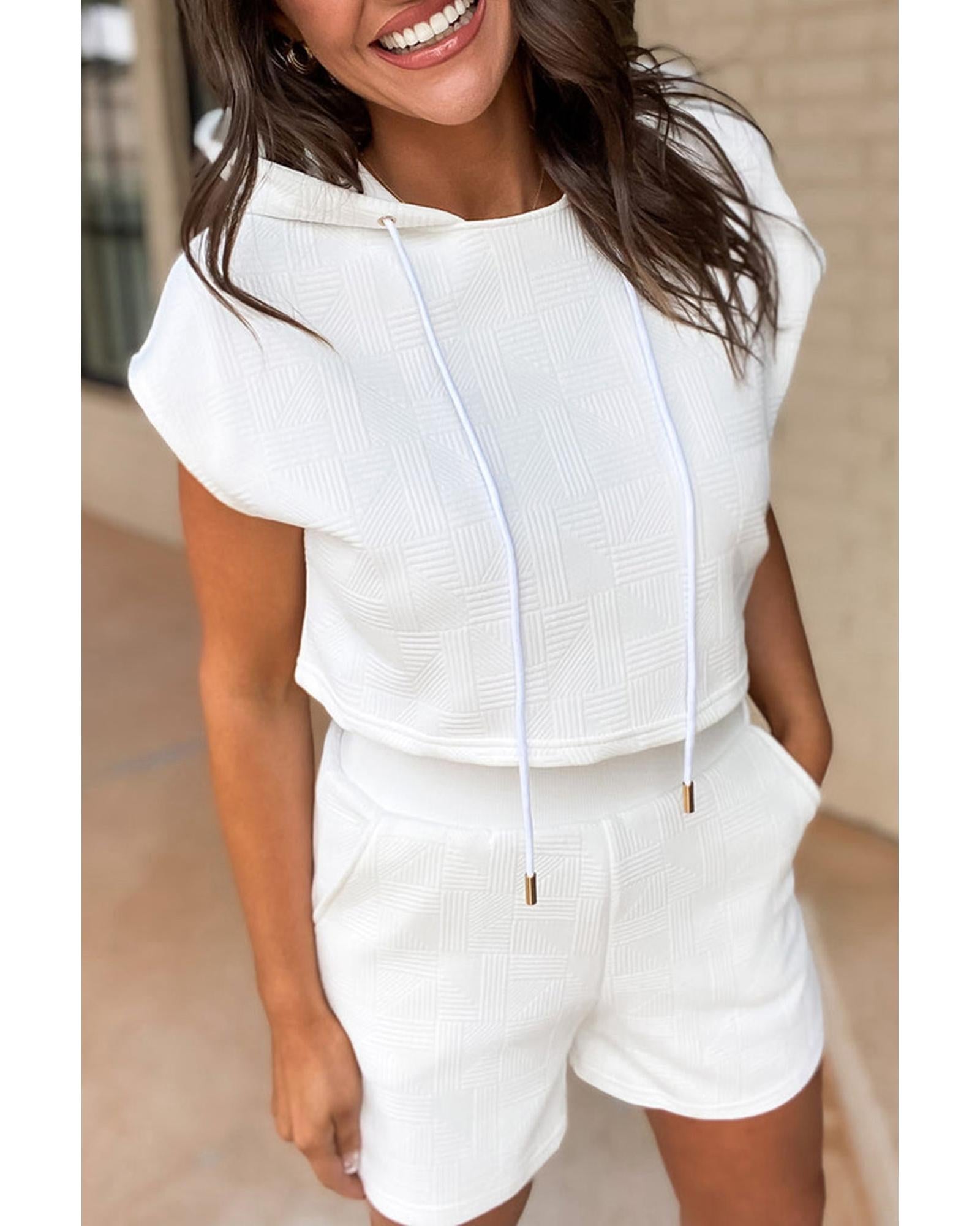 White Textured Cropped Hoodie and Shorts Set - 2XL 6