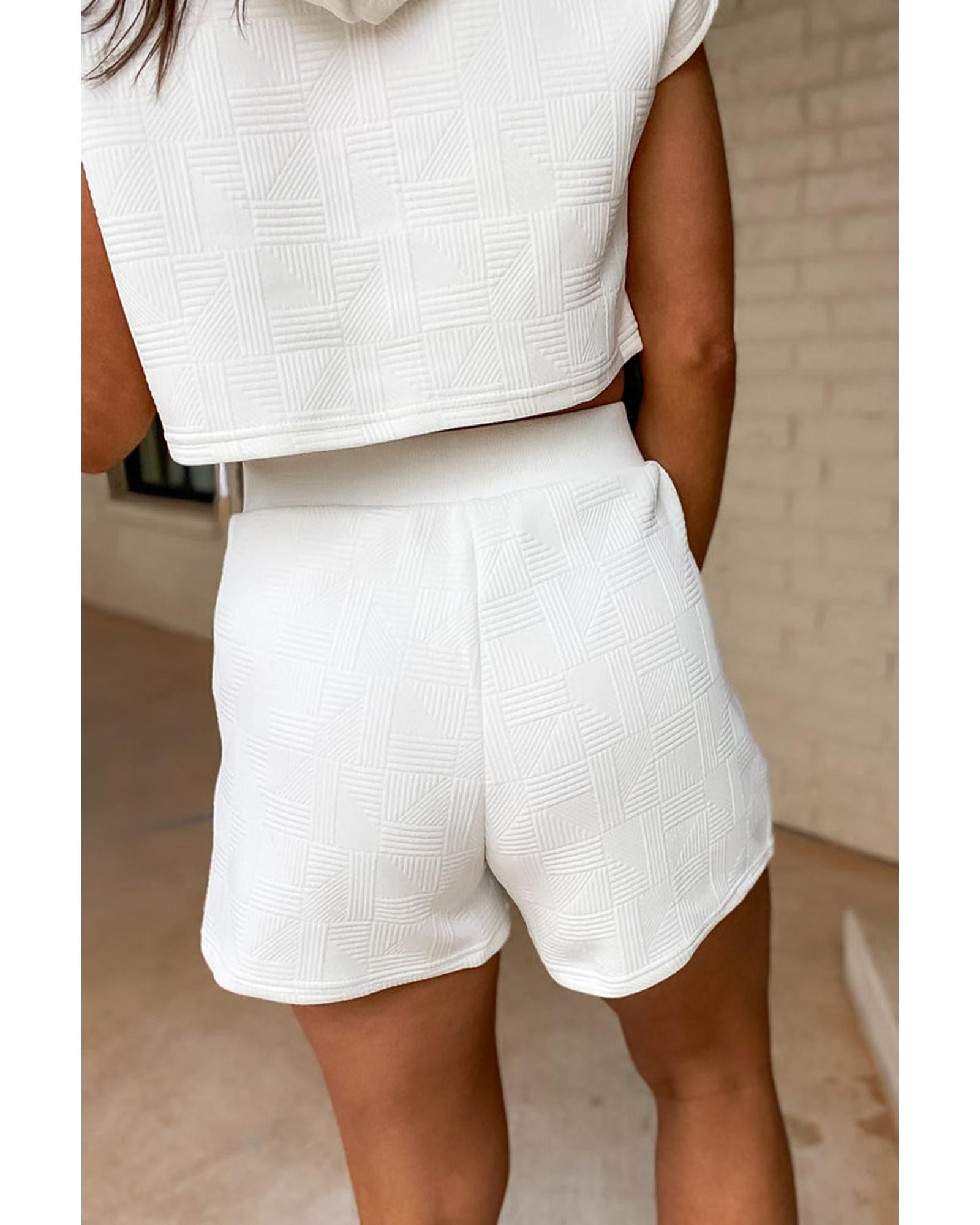 White Textured Cropped Hoodie and Shorts Set - XL