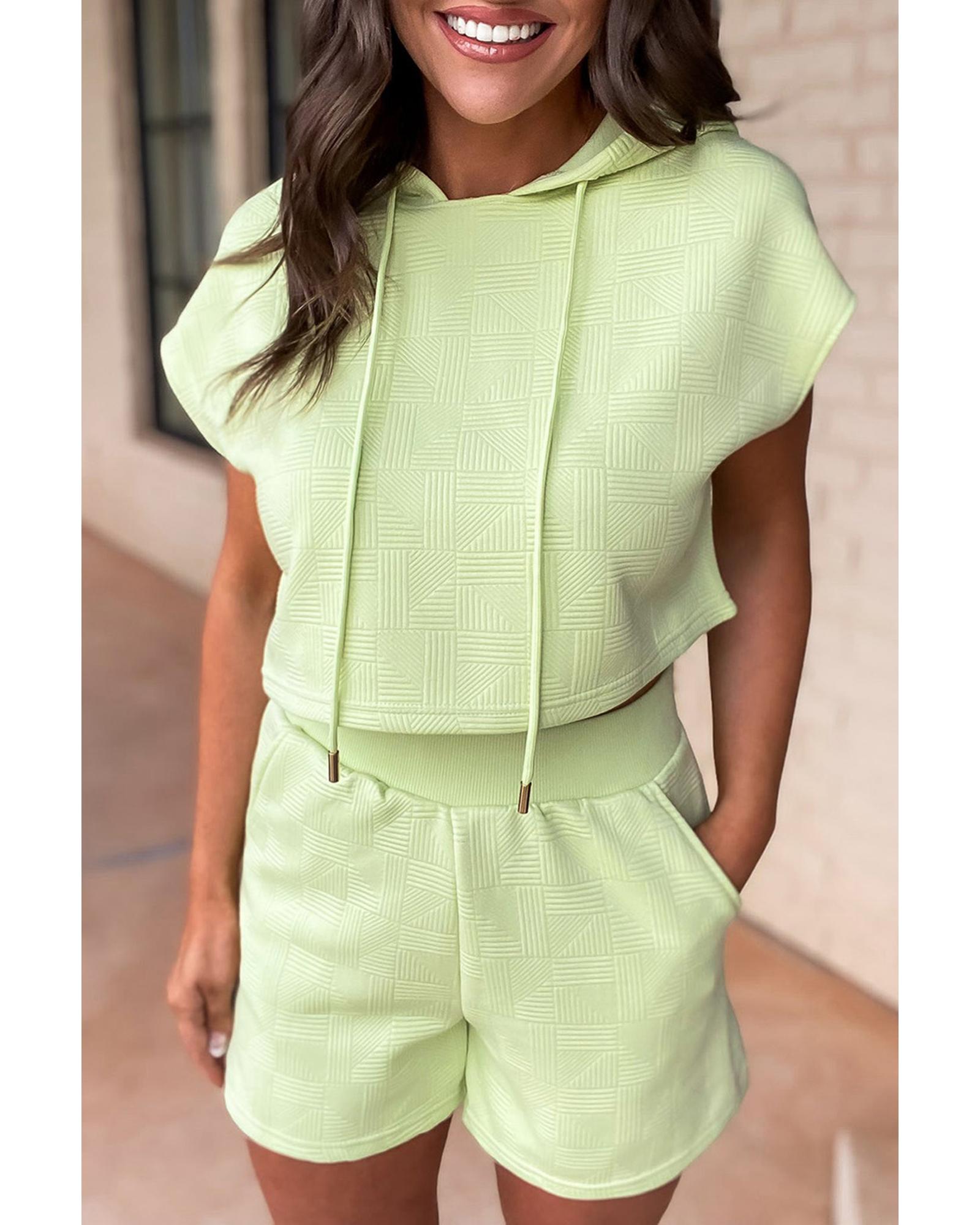 Meadow Mist Green Textured Cropped Hoodie and Shorts Set - L 4