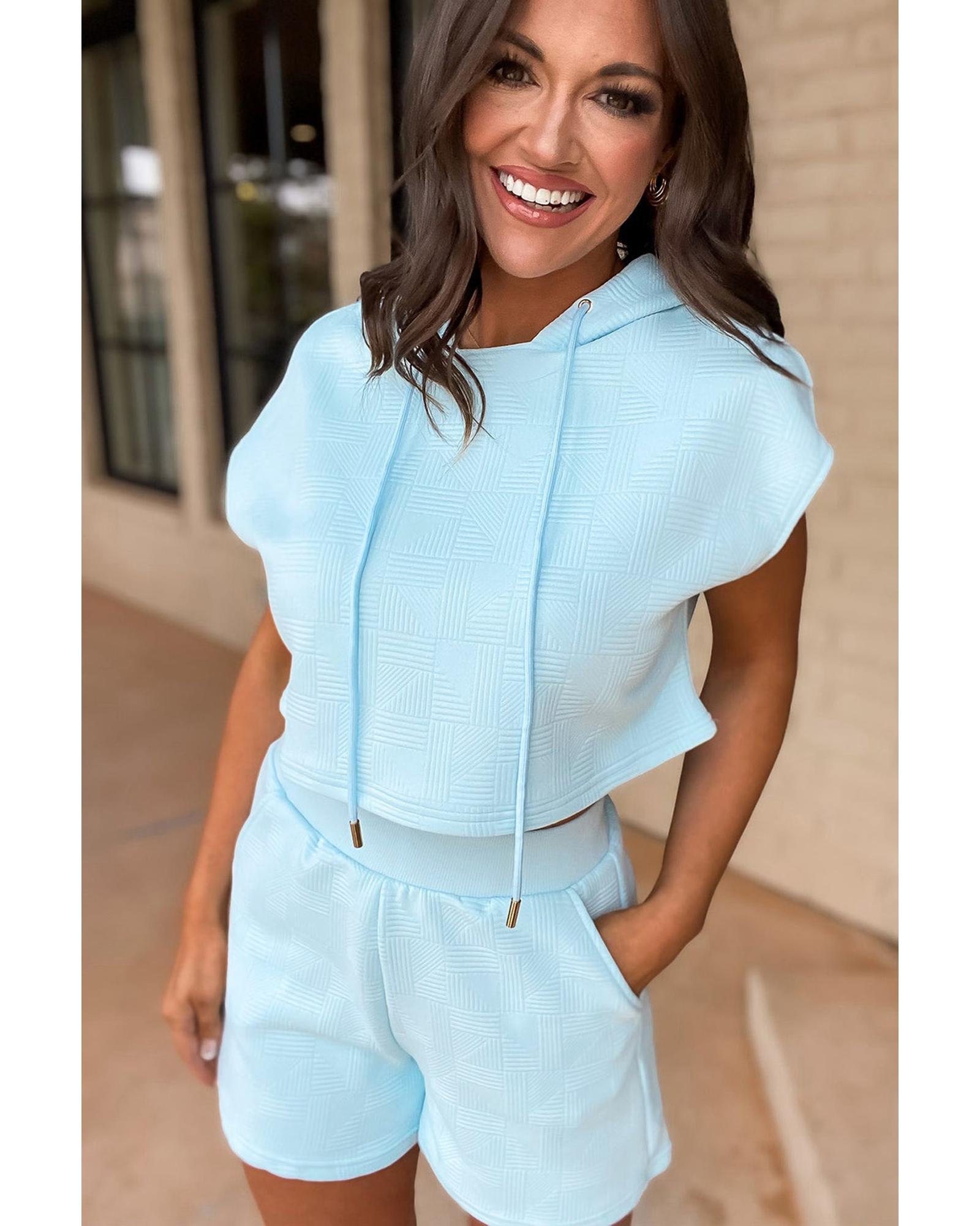 Beau Blue Textured Cropped Hoodie and Shorts Set - L