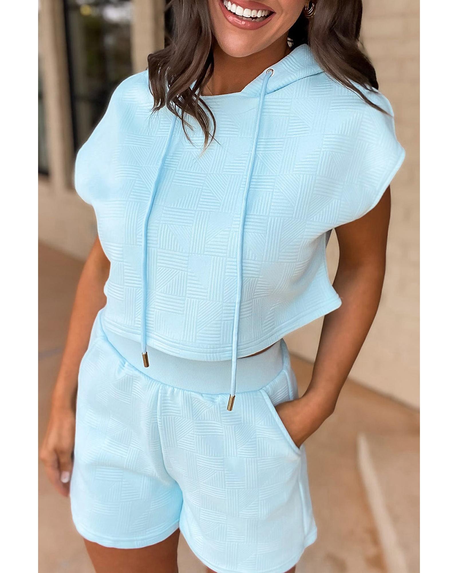 Beau Blue Textured Cropped Hoodie and Shorts Set - L 4