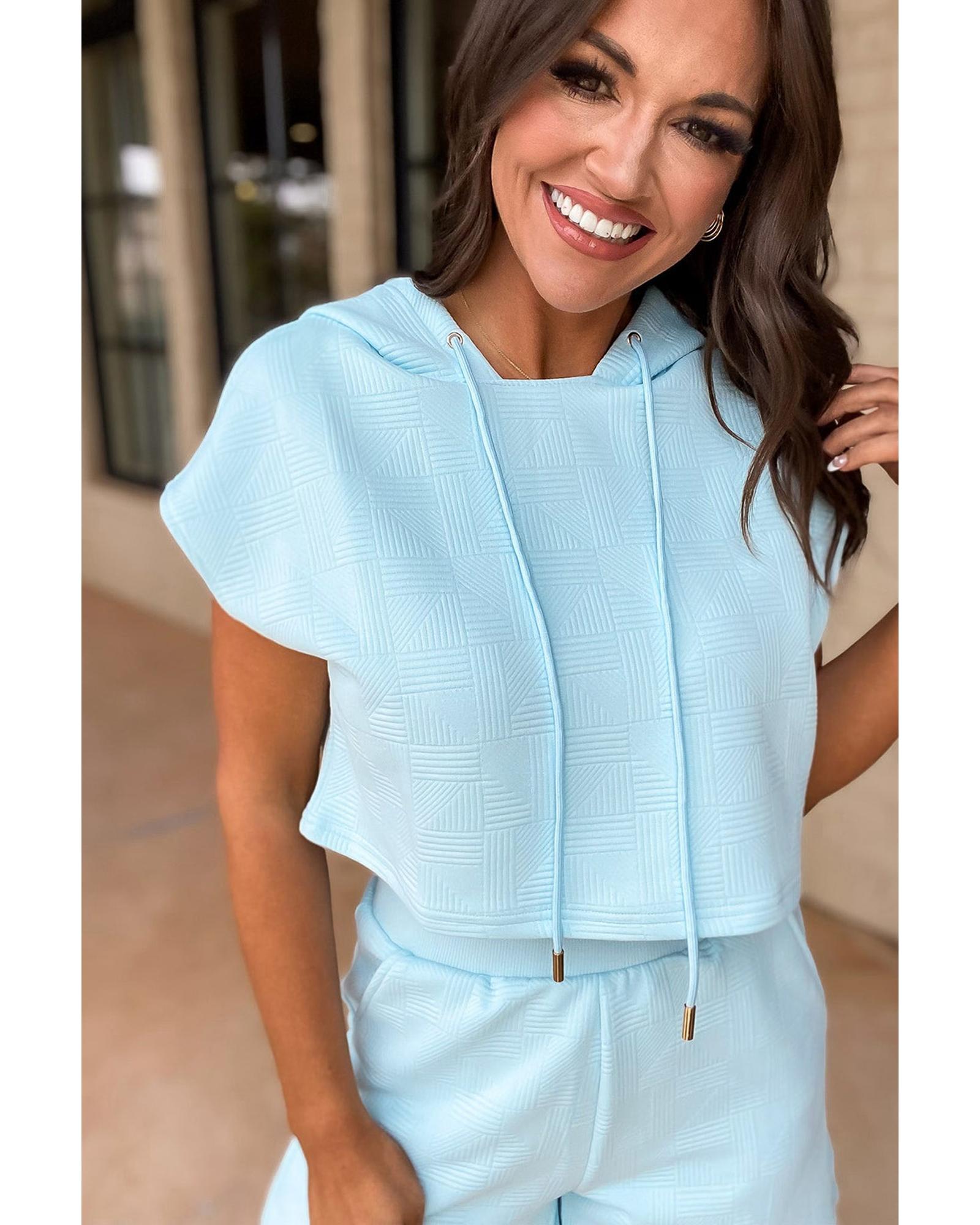 Beau Blue Textured Cropped Hoodie and Shorts Set - L 7