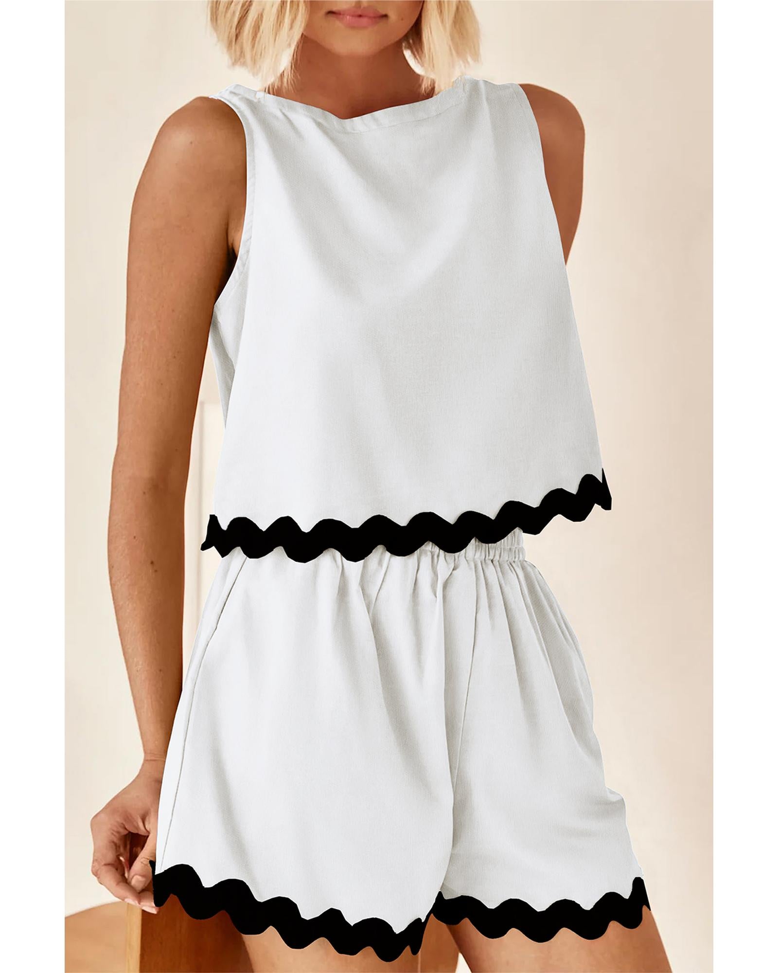White Ricrac Trim Tank Top Elastic Waist Shorts Set - L
