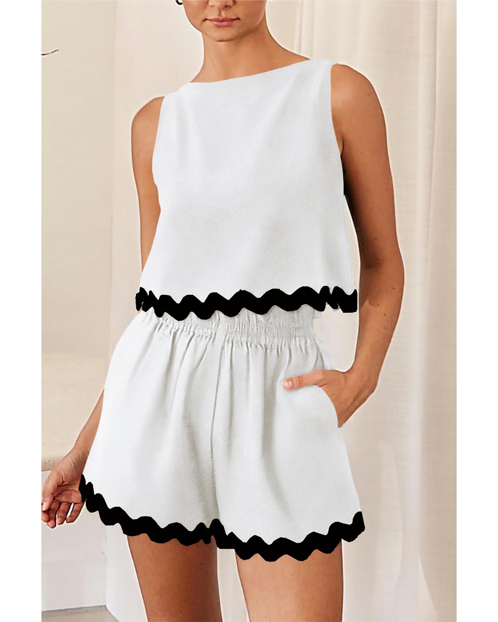 White Ricrac Trim Tank Top Elastic Waist Shorts Set - L 3