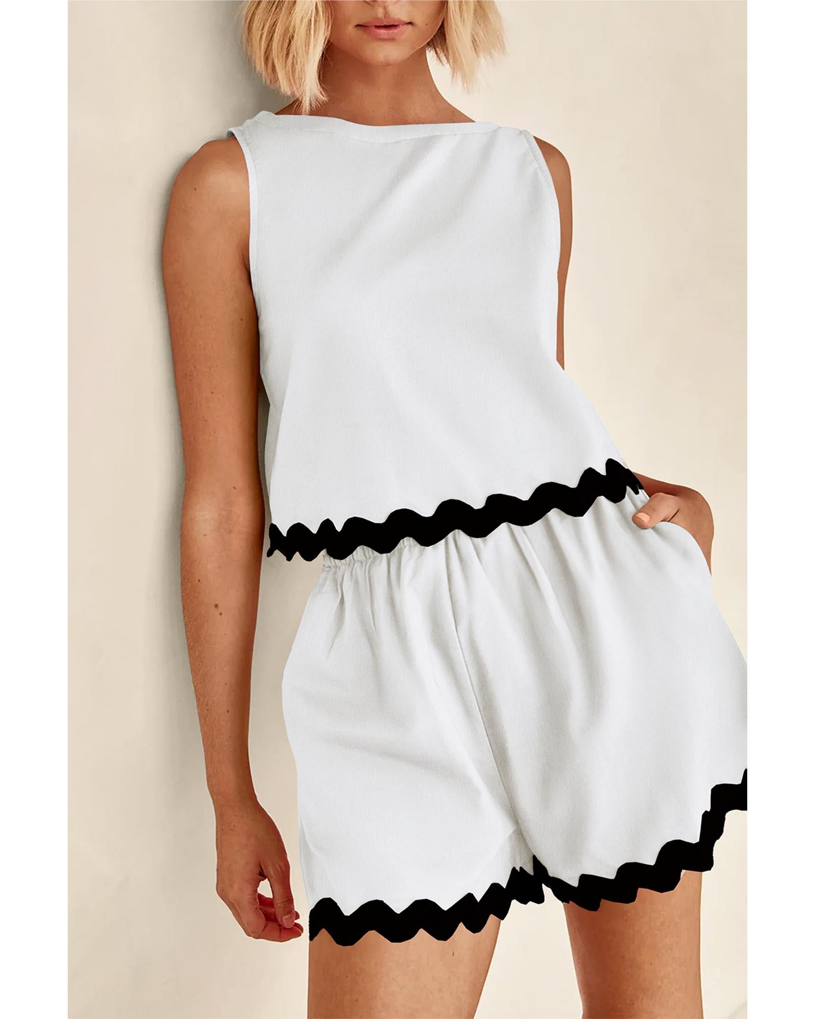 White Ricrac Trim Tank Top Elastic Waist Shorts Set - L 4