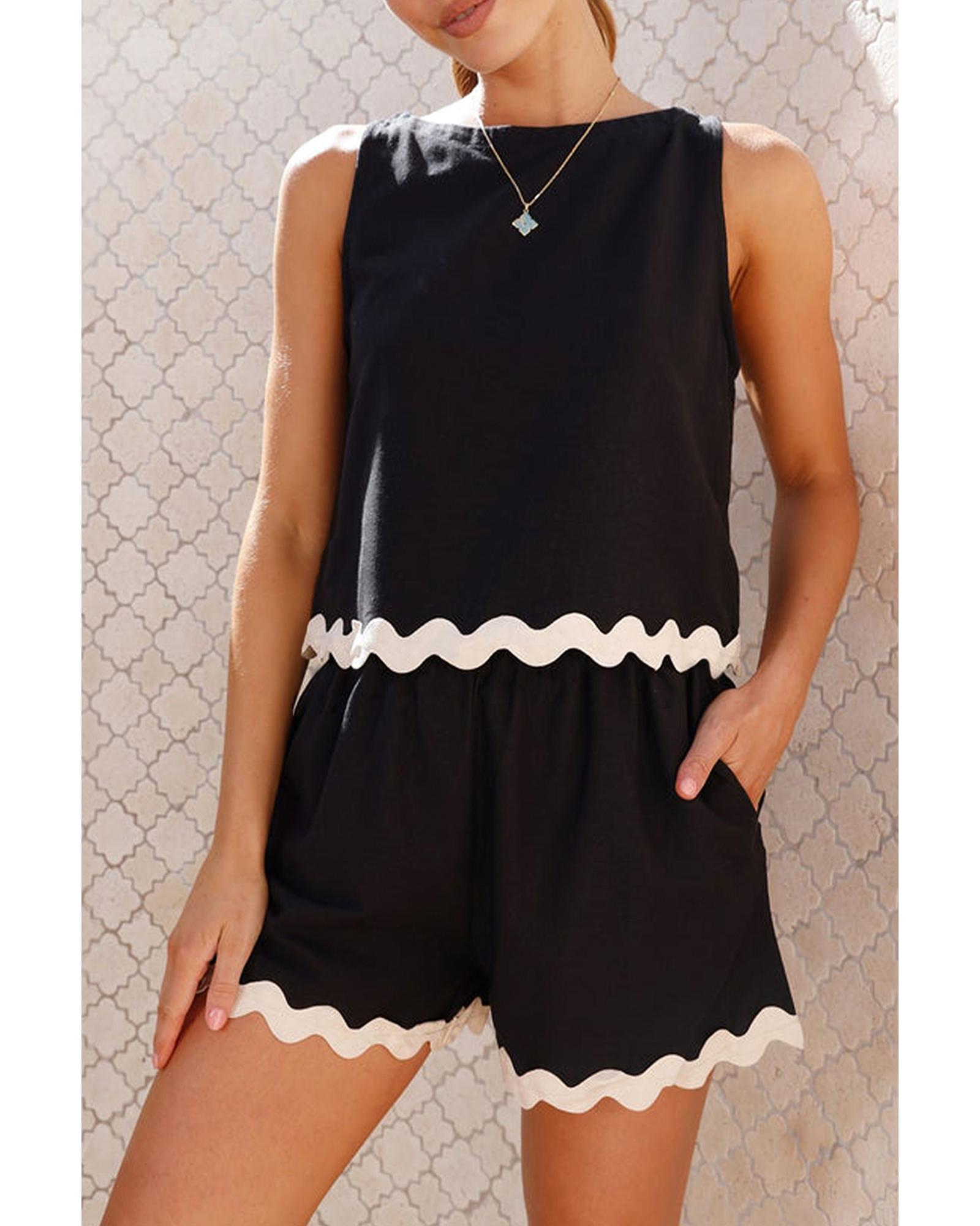 Black Ricrac Trim Tank Top Elastic Waist Shorts Set - M 4