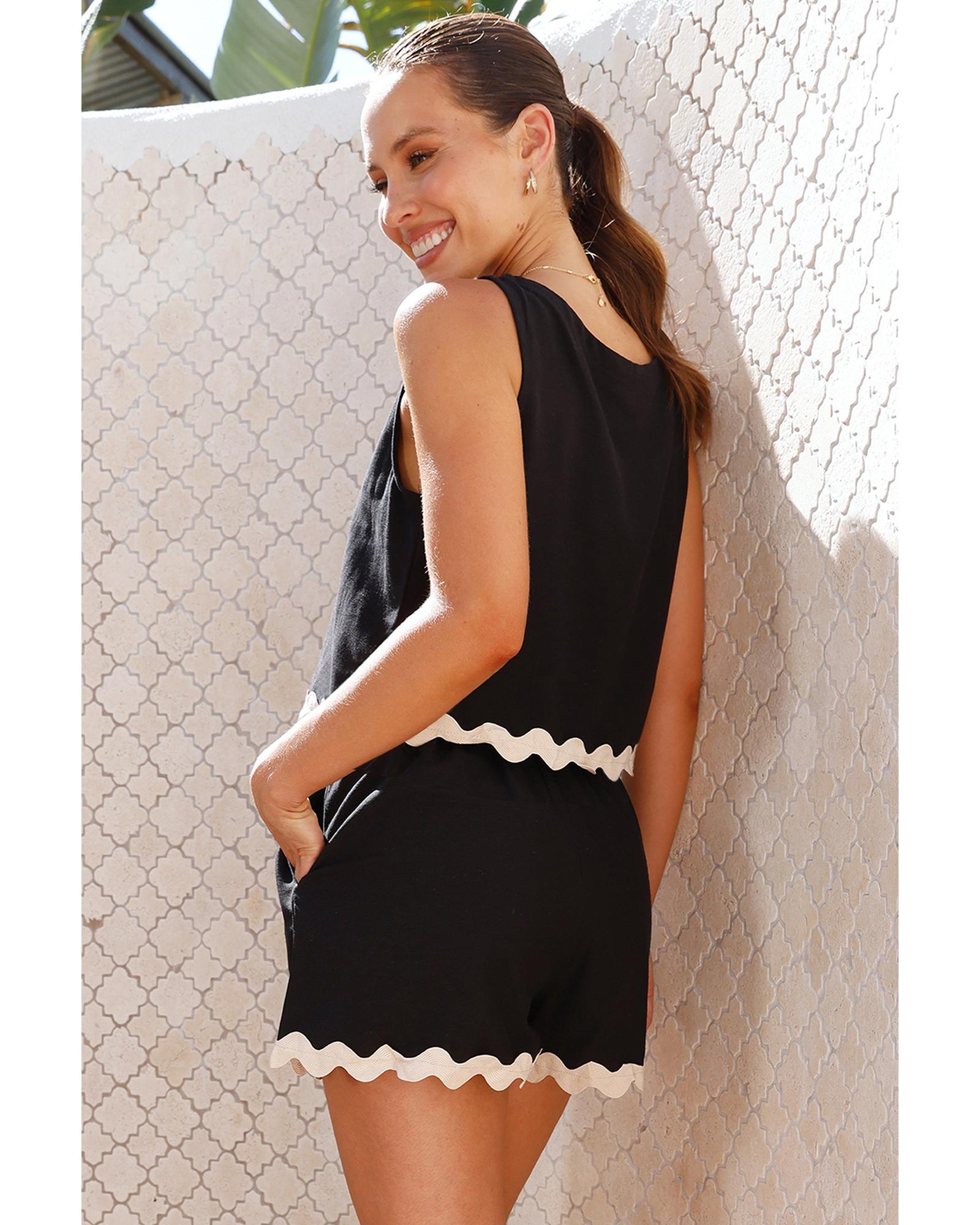 Black Ricrac Trim Tank Top Elastic Waist Shorts Set - M 6