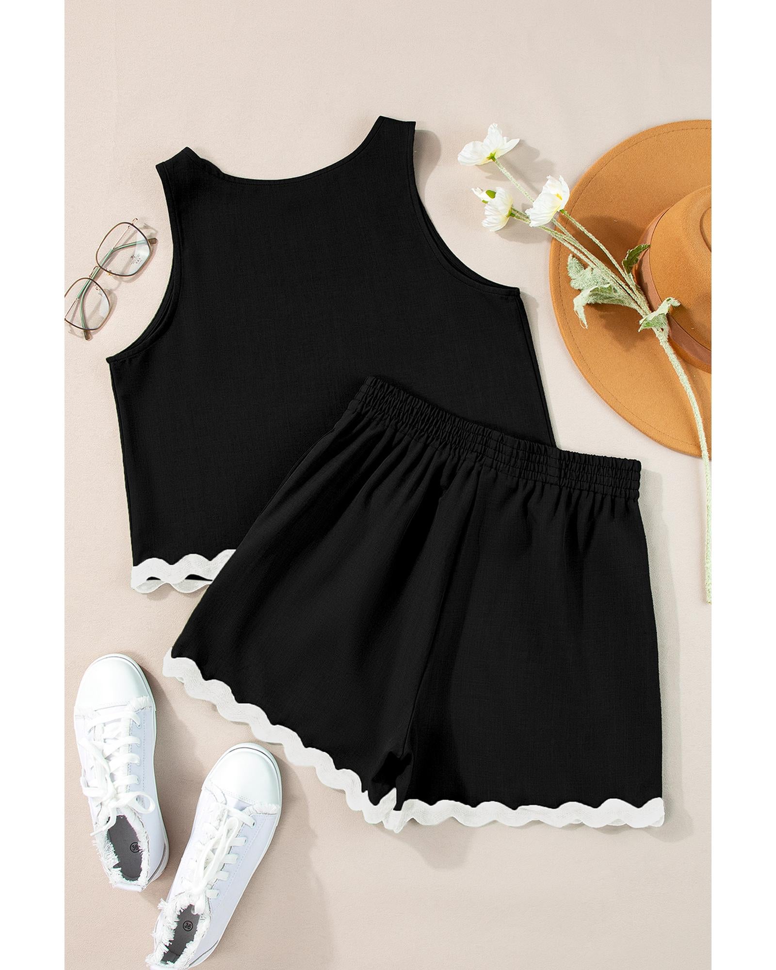 Black Ricrac Trim Tank Top Elastic Waist Shorts Set - XL 3