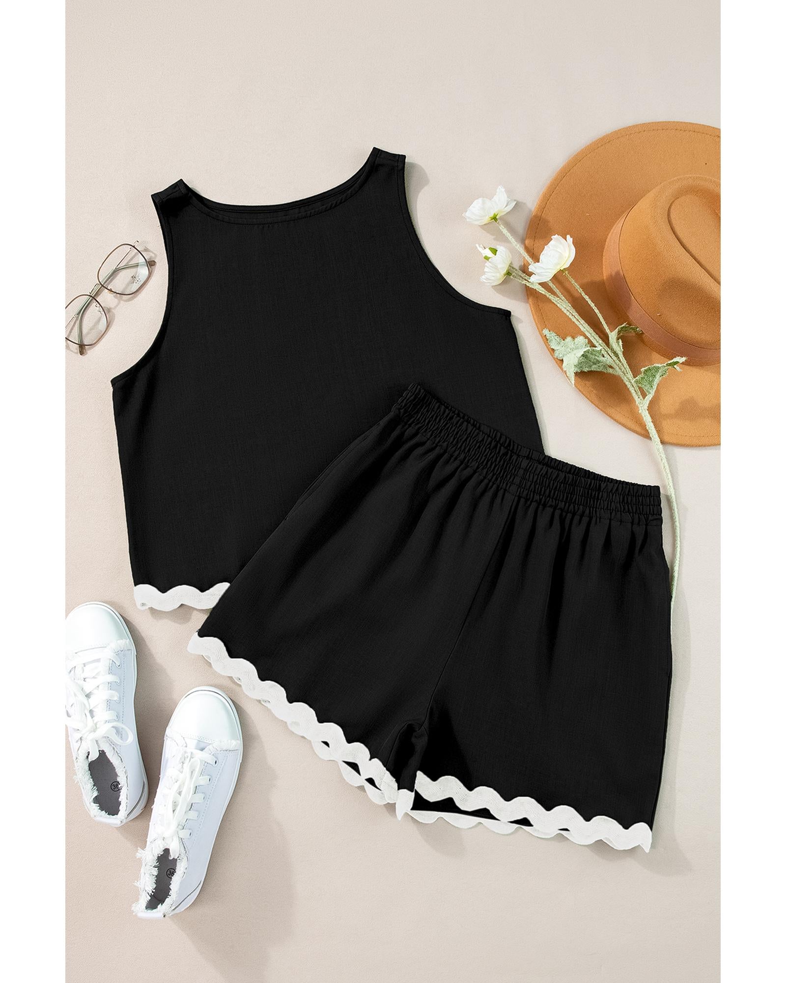 Black Ricrac Trim Tank Top Elastic Waist Shorts Set - XL 5