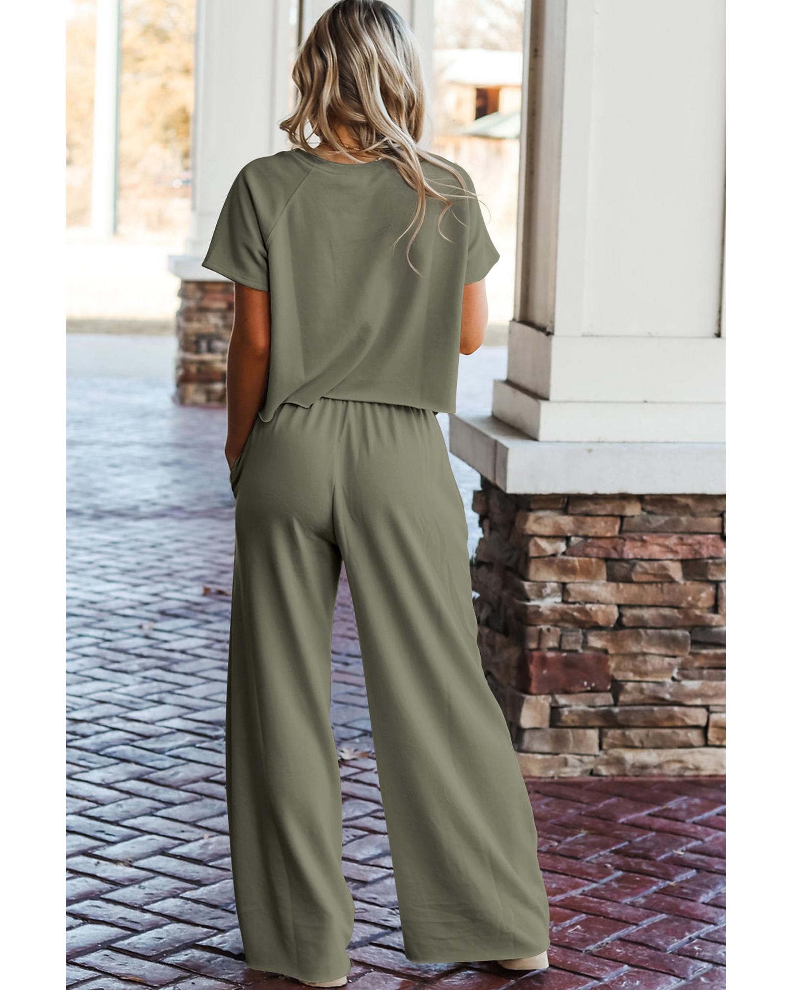 Seagrass Raw Hem Loose Tee and Wide Leg Pants Set - L