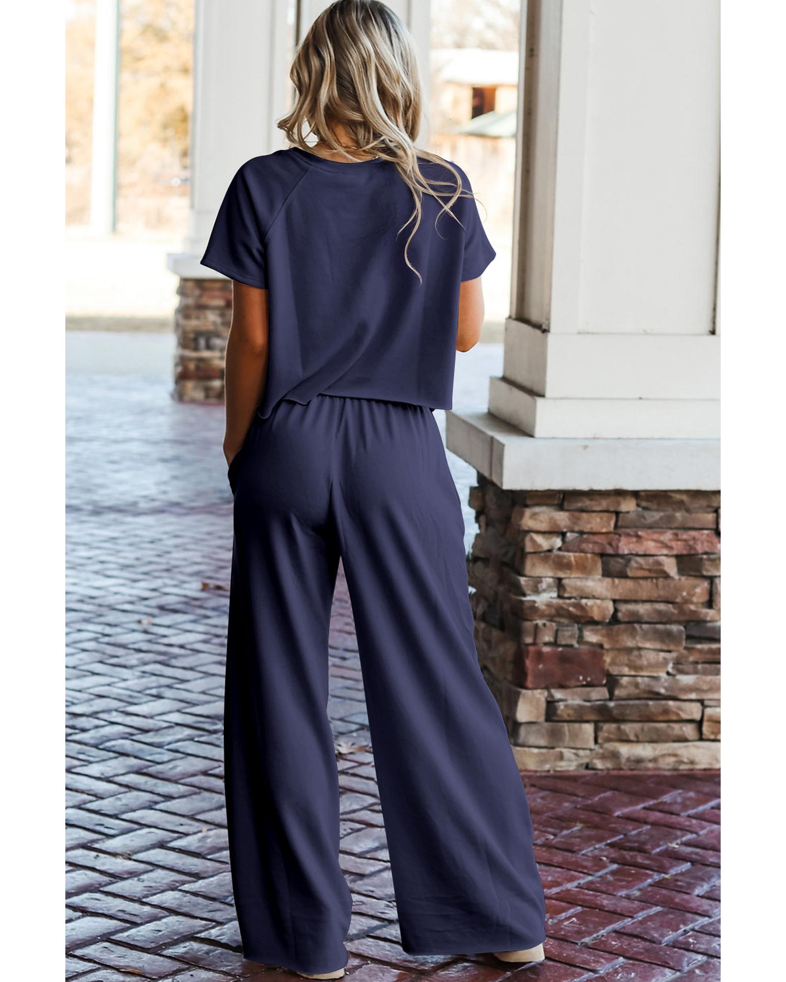 Navy Blue Raw Hem Loose Tee and Wide Leg Pants Set - M