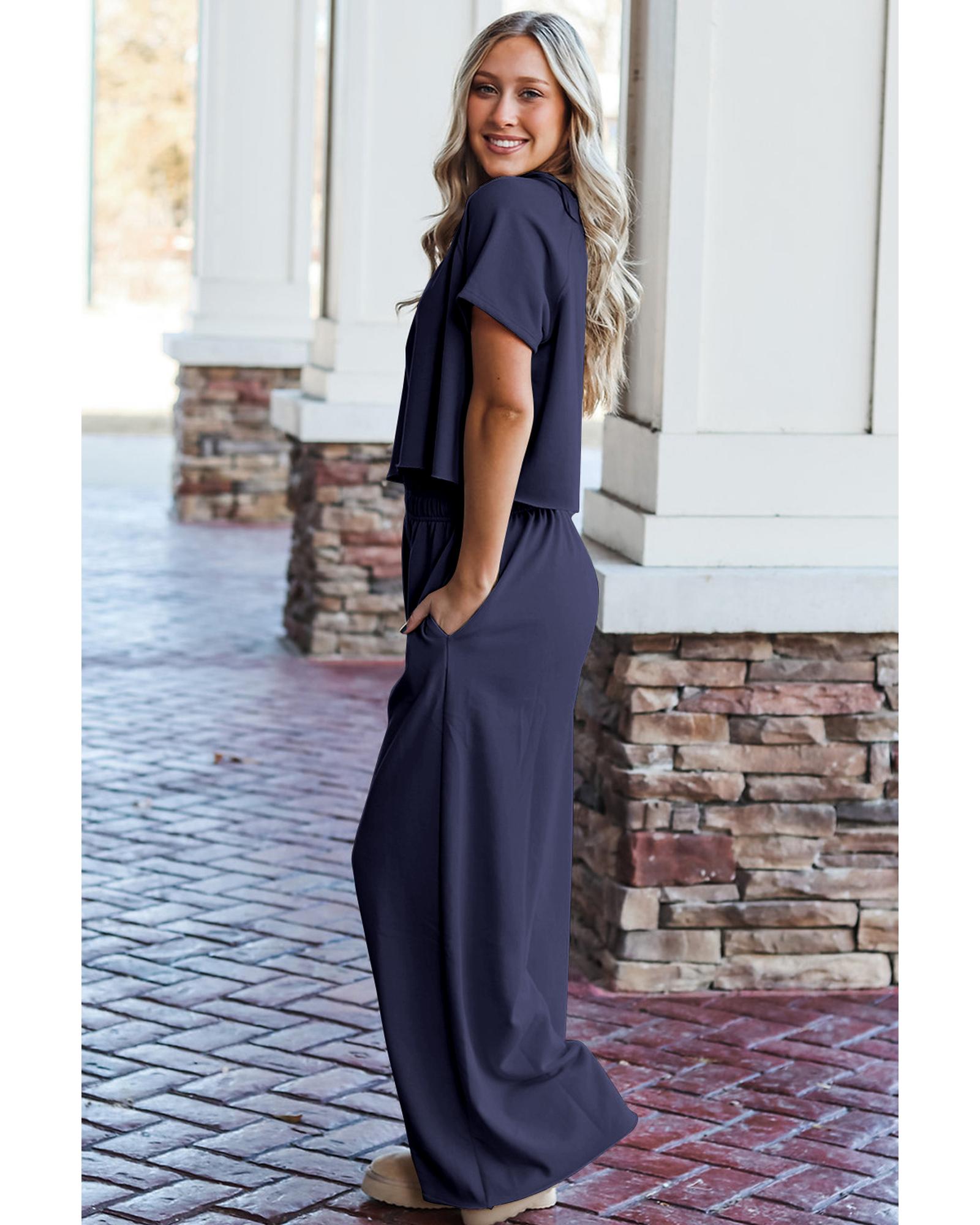 Navy Blue Raw Hem Loose Tee and Wide Leg Pants Set - XL 3