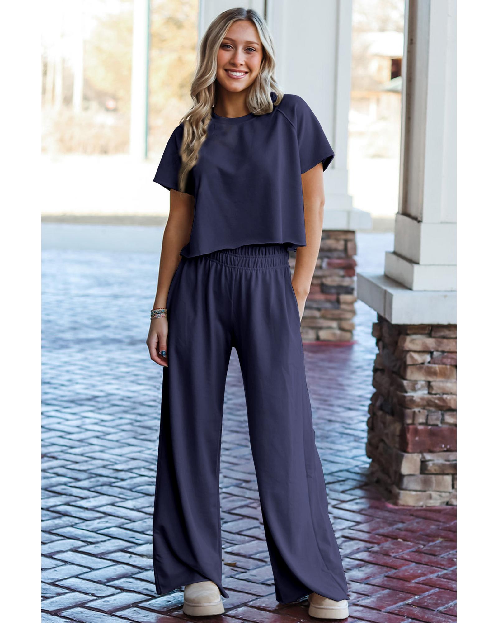 Navy Blue Raw Hem Loose Tee and Wide Leg Pants Set - XL 4