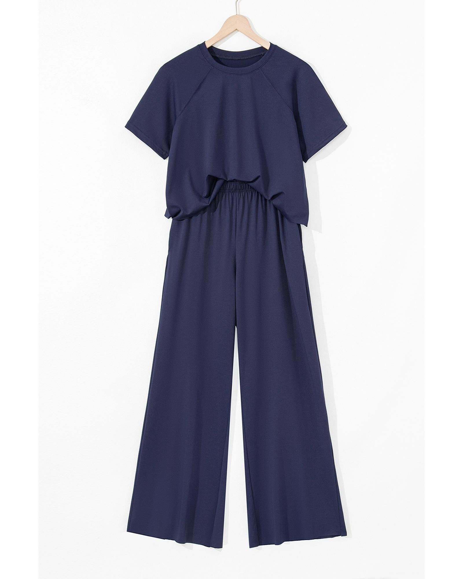 Navy Blue Raw Hem Loose Tee and Wide Leg Pants Set - XL 5