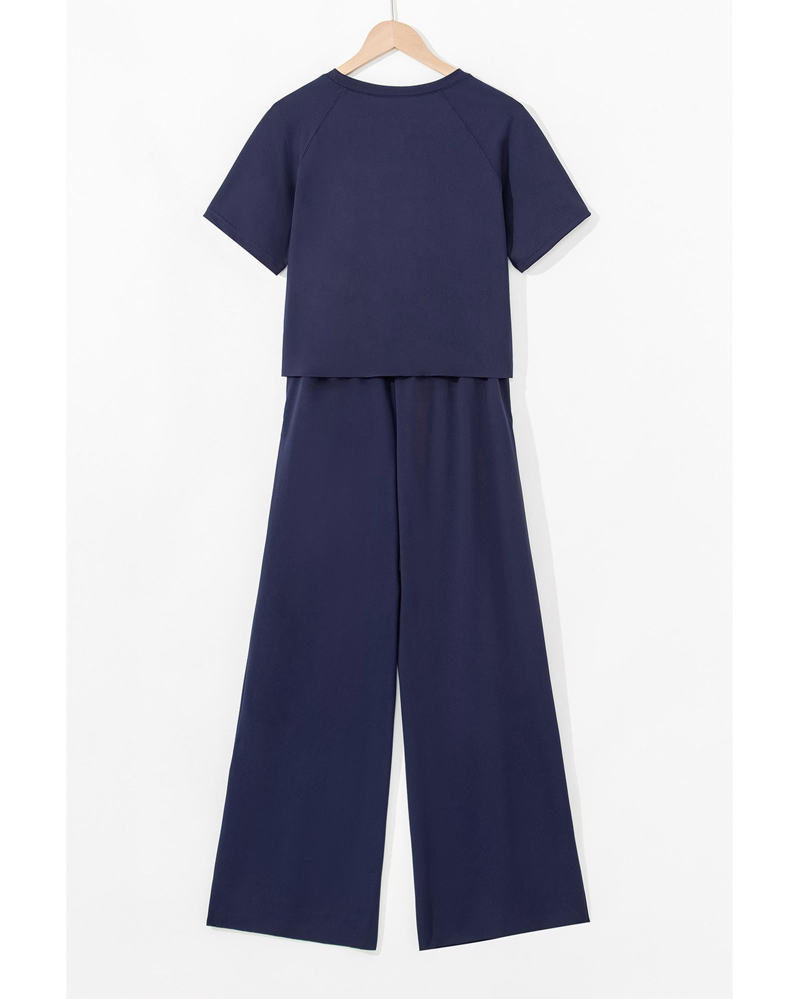 Navy Blue Raw Hem Loose Tee and Wide Leg Pants Set - XL 6
