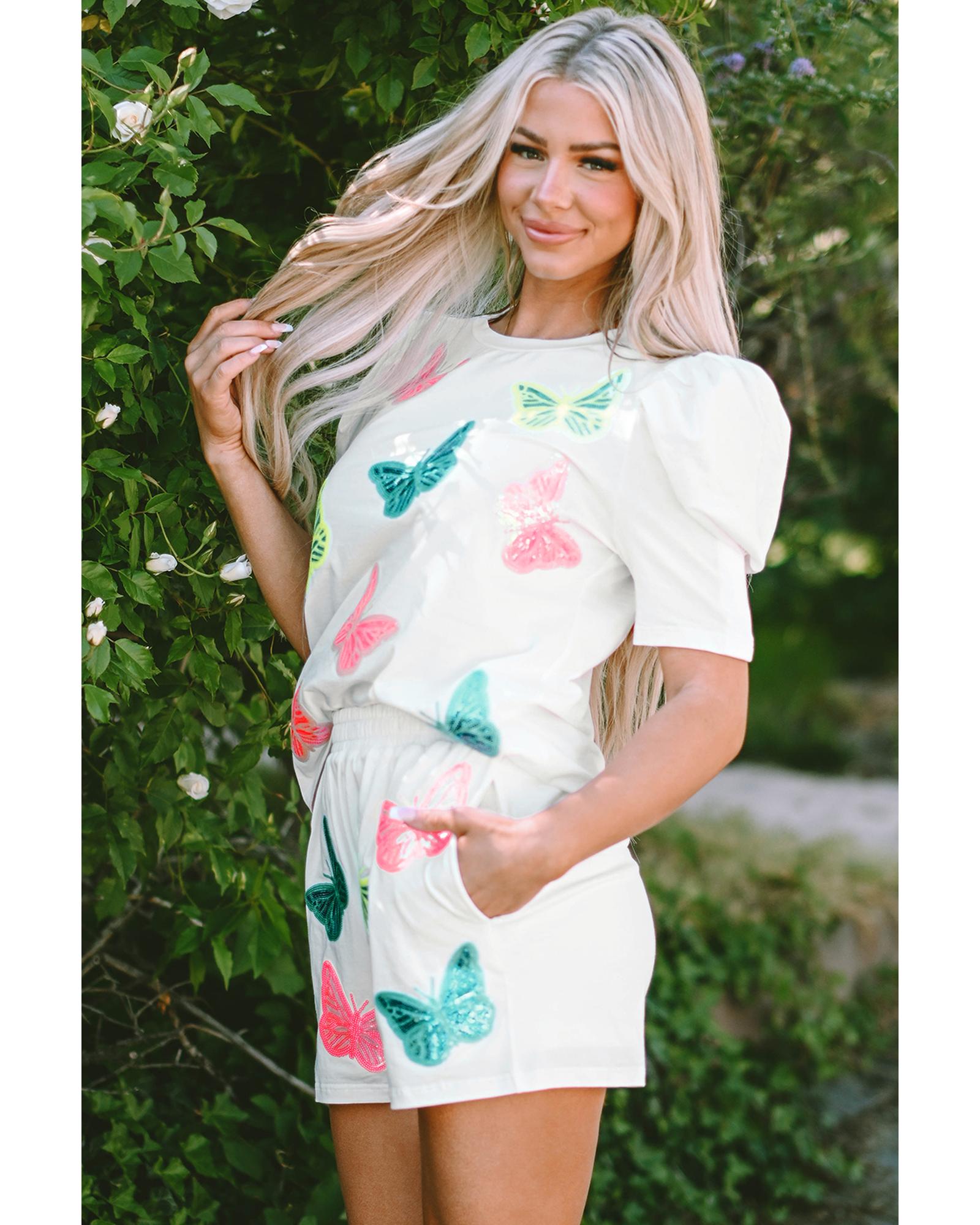 White Colorful Sequin Butterfly Puff Sleeve Top Shorts Set - L