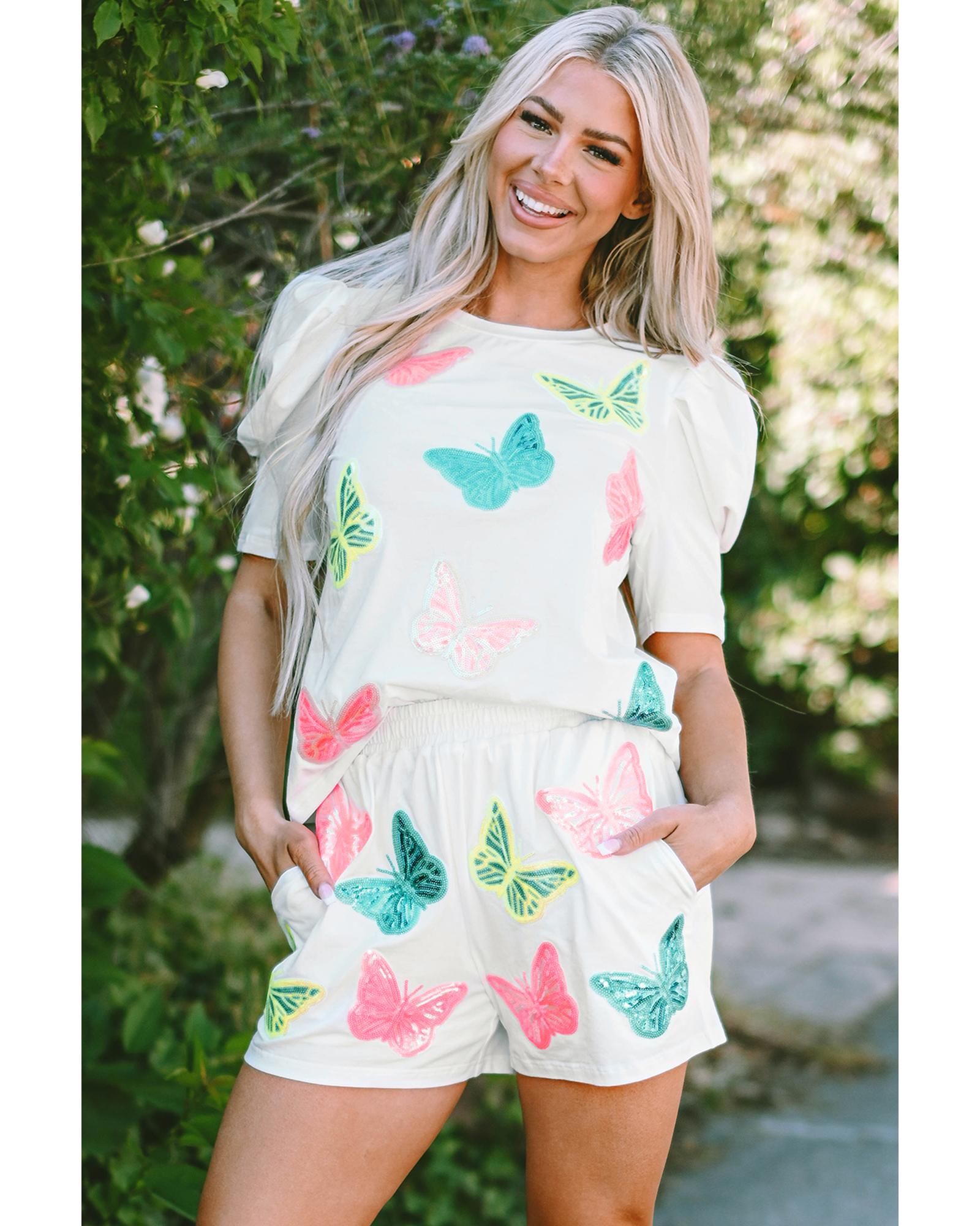 White Colorful Sequin Butterfly Puff Sleeve Top Shorts Set - L 4
