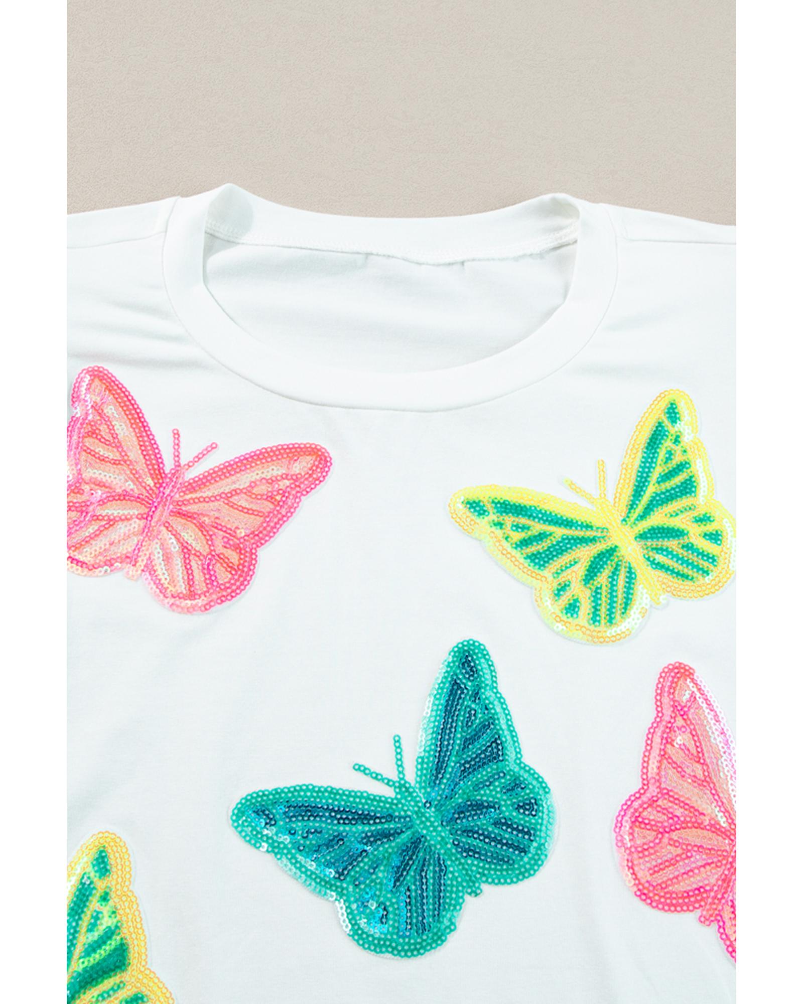 White Colorful Sequin Butterfly Puff Sleeve Top Shorts Set - L 7