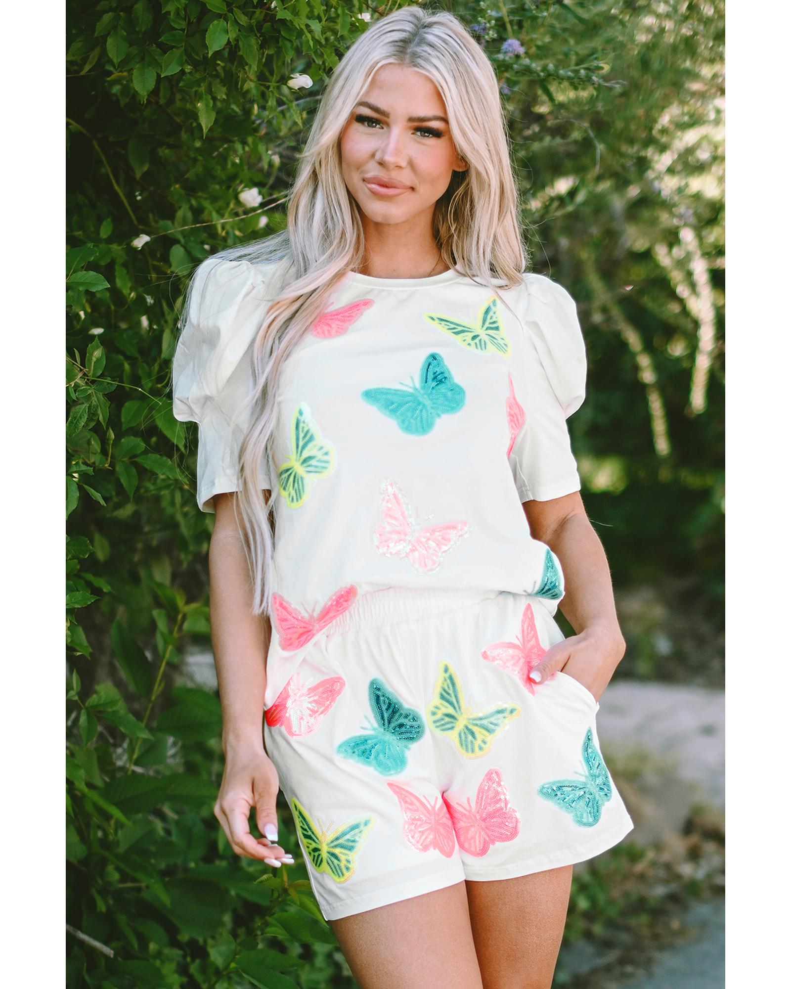 White Colorful Sequin Butterfly Puff Sleeve Top Shorts Set - XL