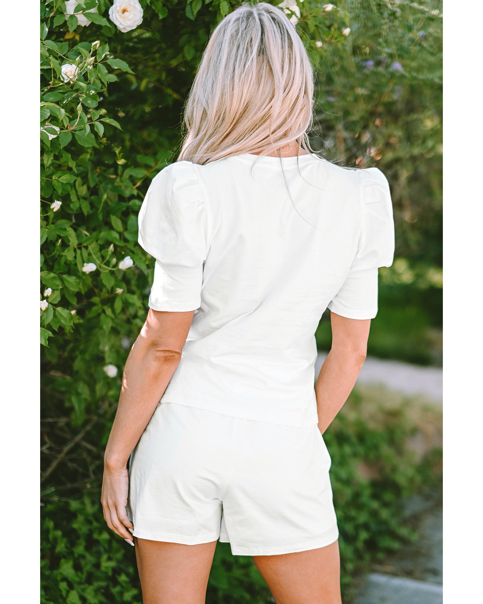 White Colorful Sequin Butterfly Puff Sleeve Top Shorts Set - XL 3
