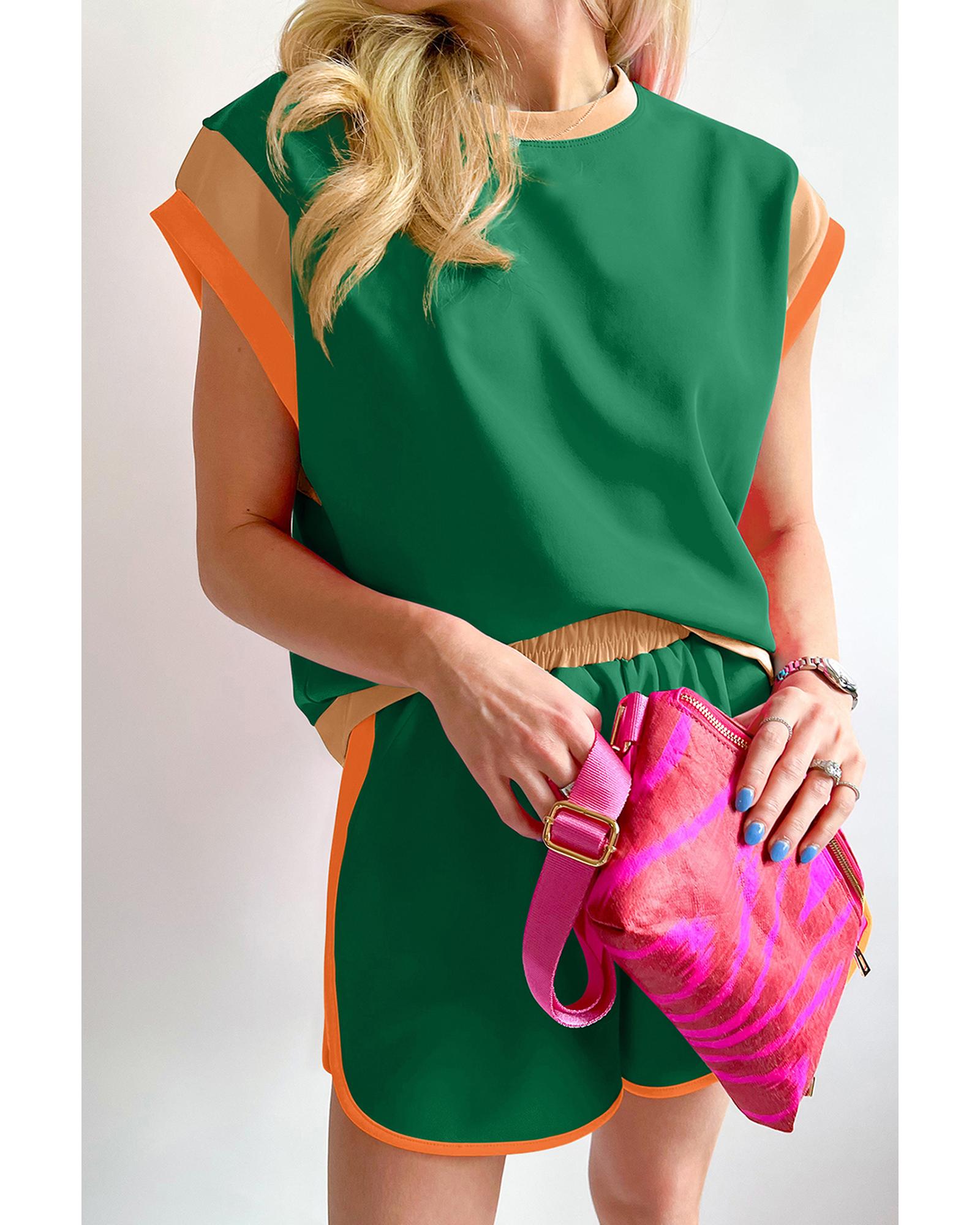 Dark Green Contrast Trim Cap Sleeve Tee Shorts Set - L 4